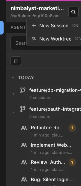 Worktree sessions in Nimbalyst giving each AI agent an isolated branch