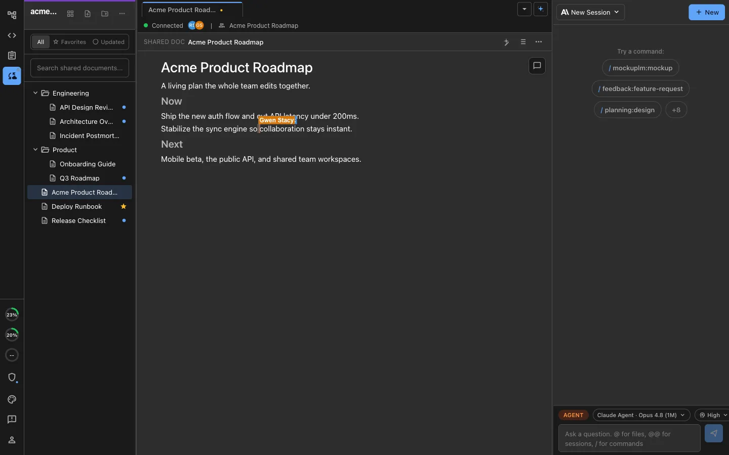 Two teammates editing the same product roadmap in real time, with a live labeled cursor