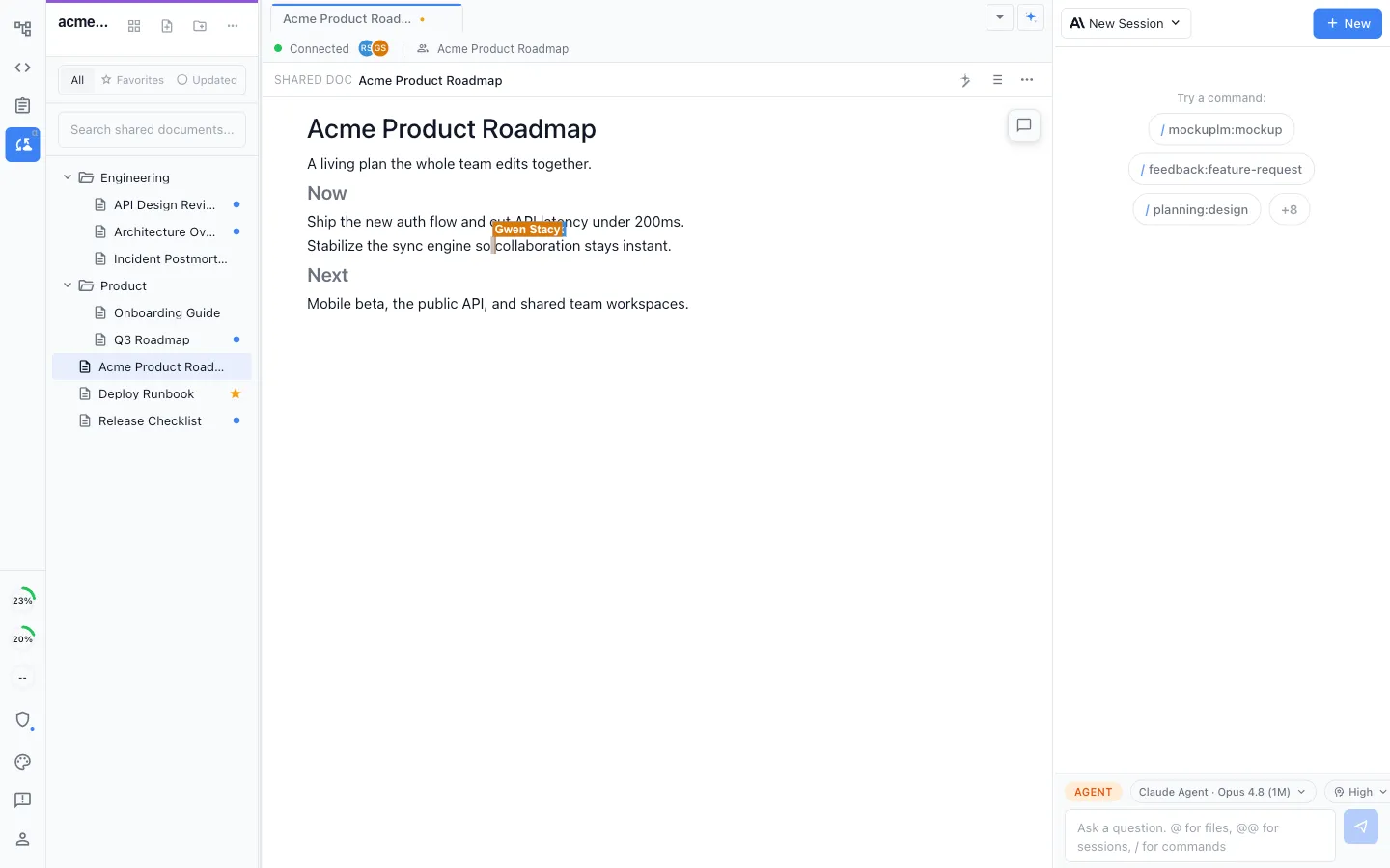 Two teammates editing the same product roadmap in real time, with a live labeled cursor