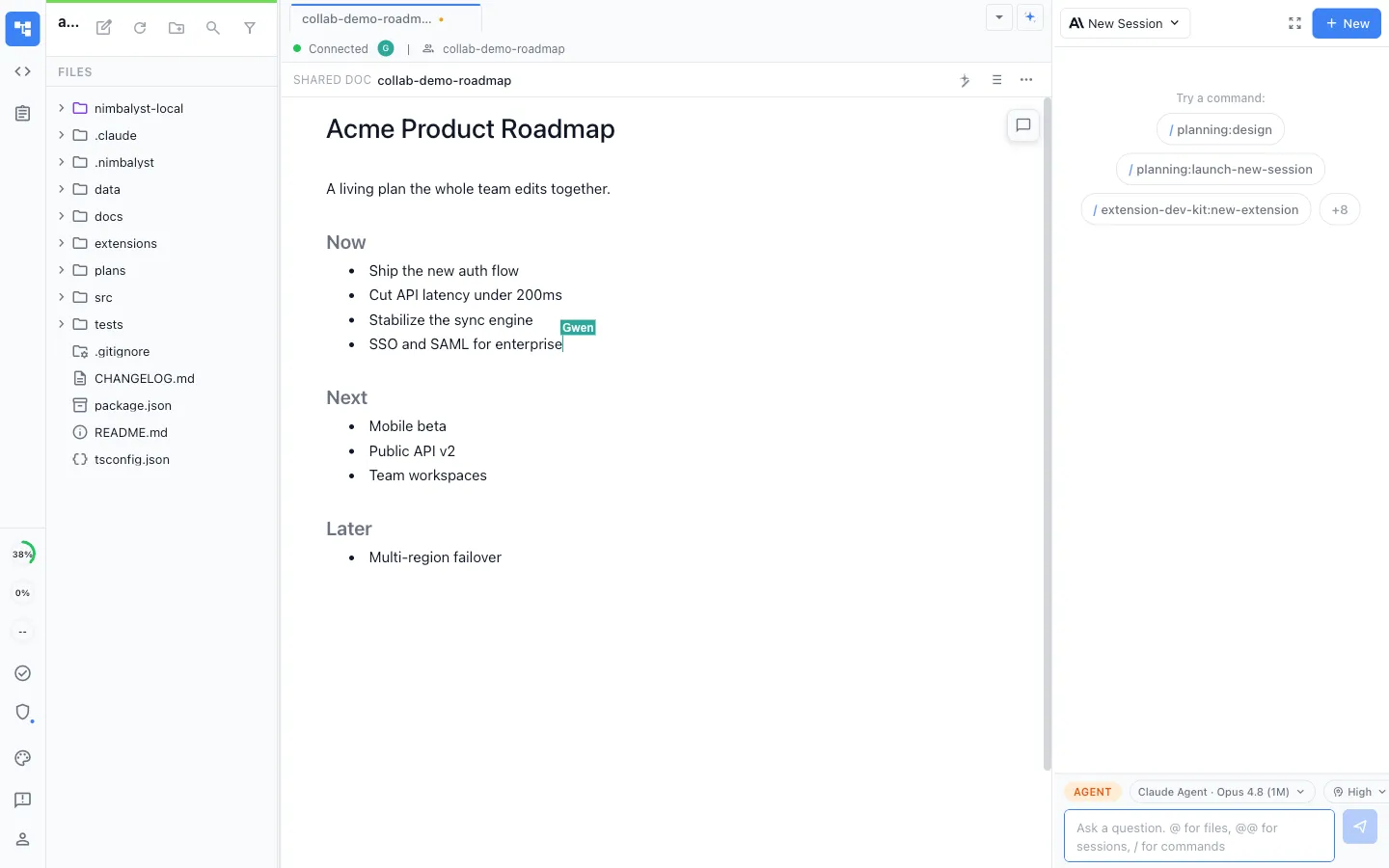 Two teammates editing the same product roadmap in real time, with a live labeled cursor