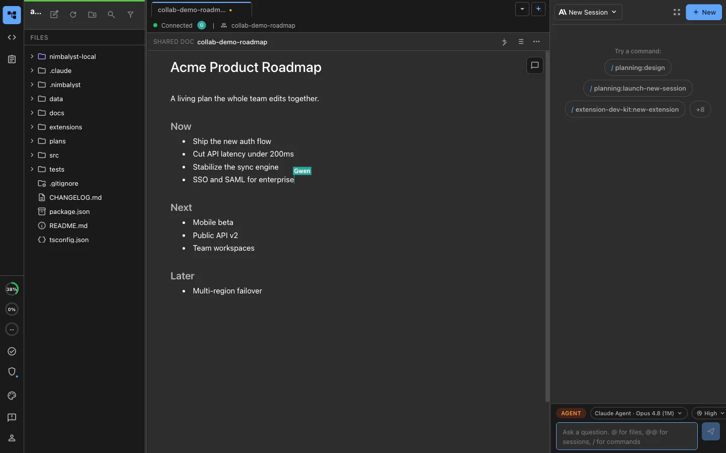 Two teammates editing the same product roadmap in real time, with a live labeled cursor