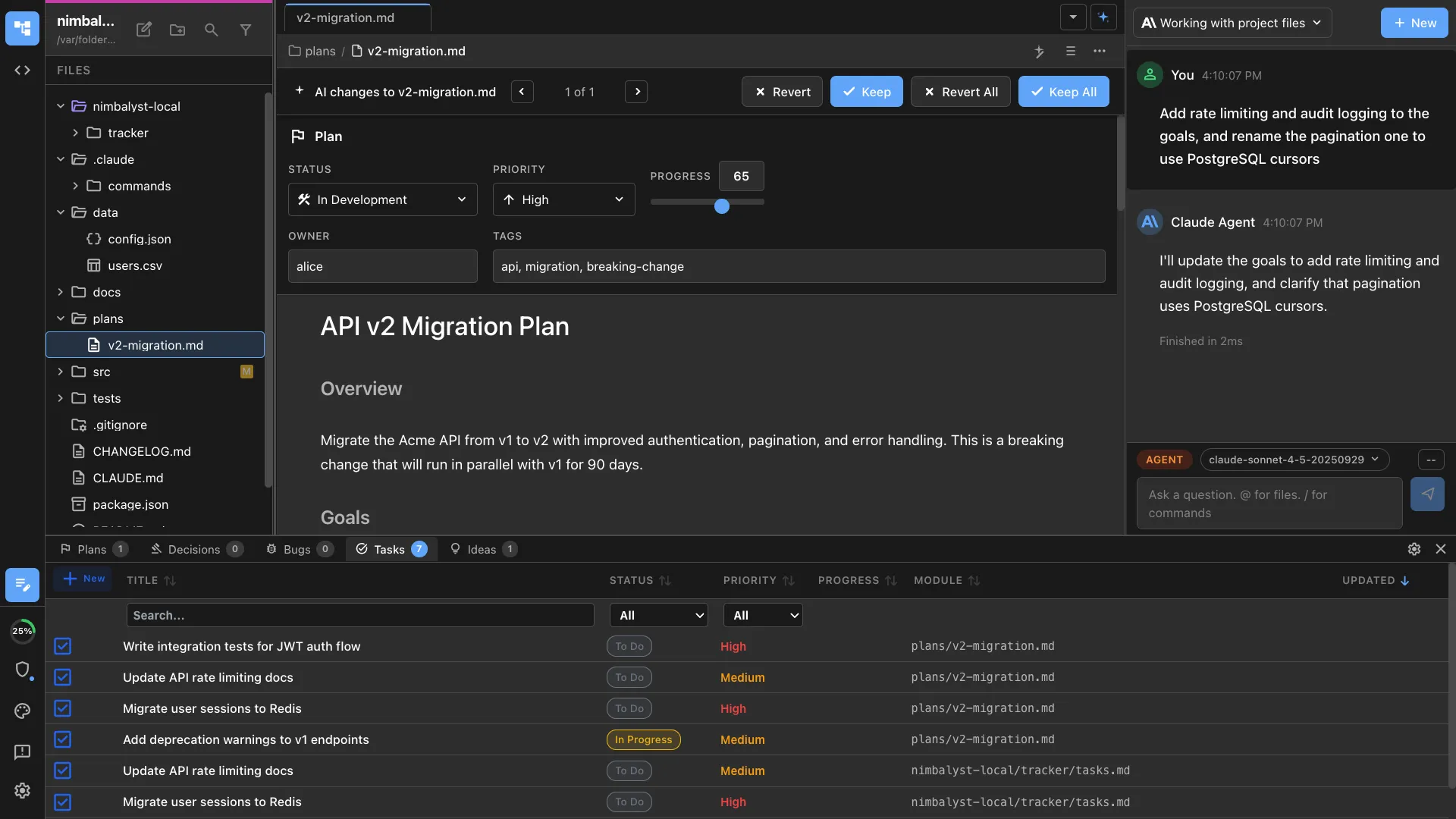 Plan document with YAML frontmatter, status bar, and inline AI diff in Nimbalyst