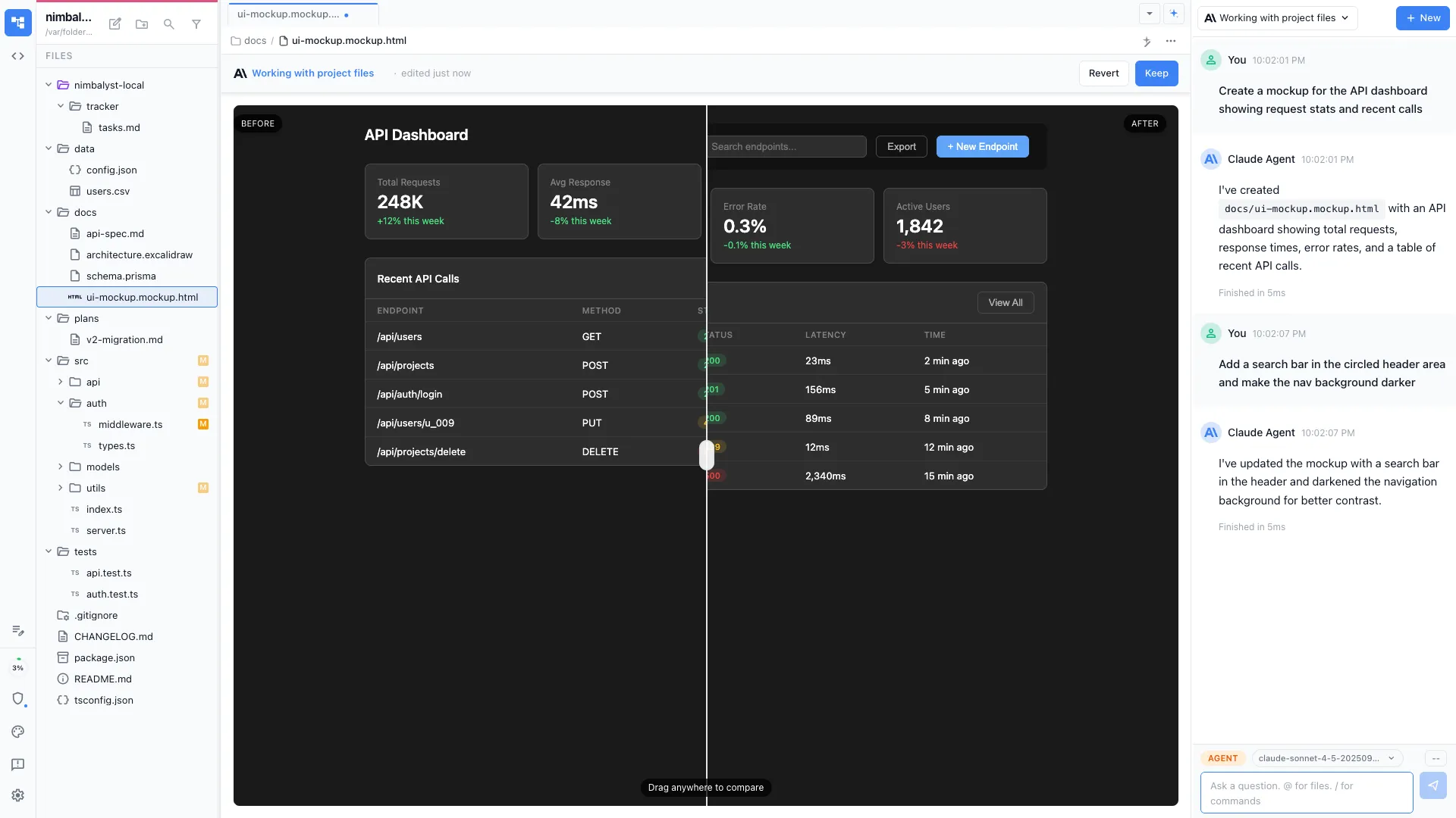 UI mockup editor with Claude Code and Codex sidebar