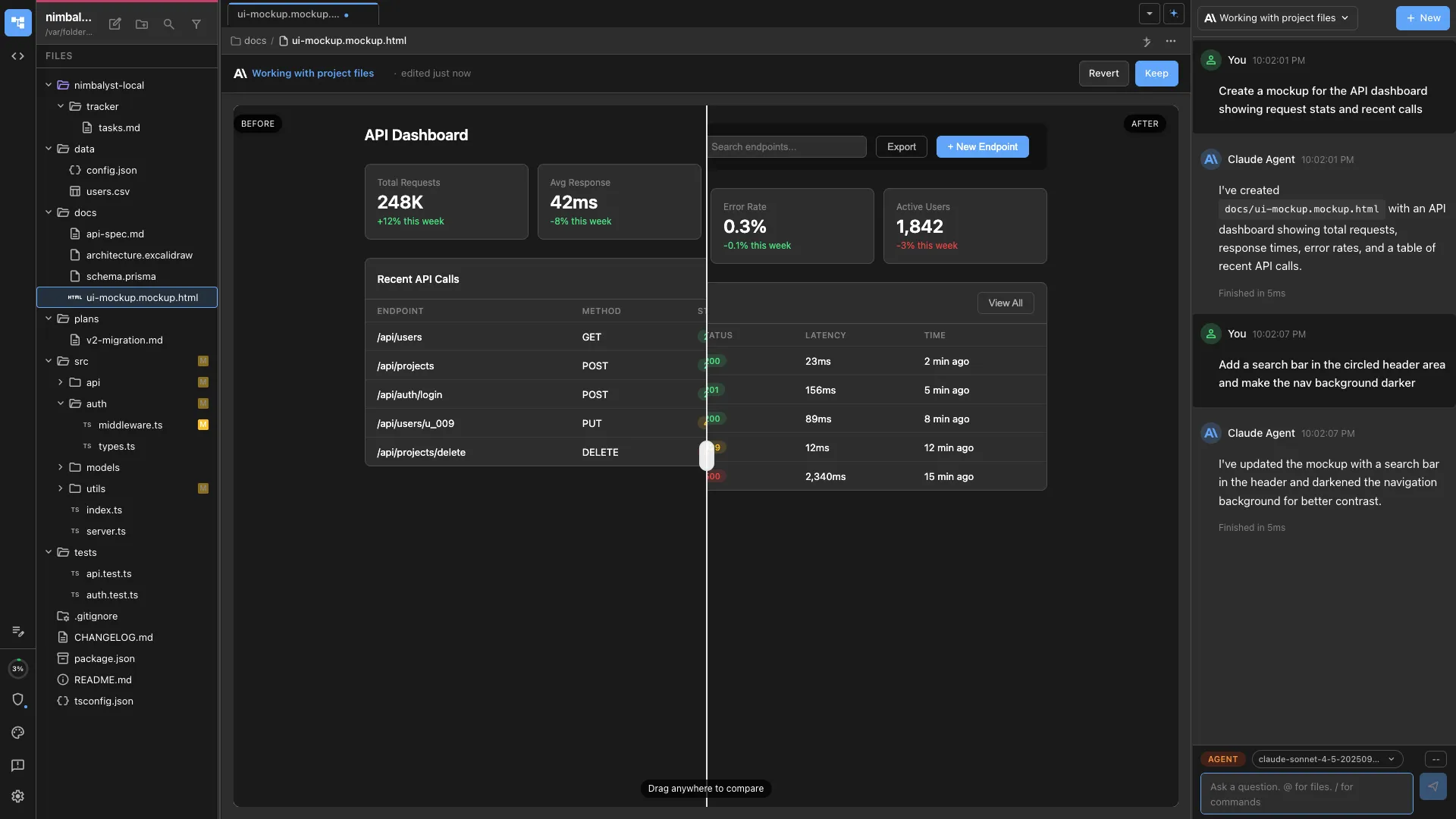 UI mockup editor with Claude Code and Codex sidebar