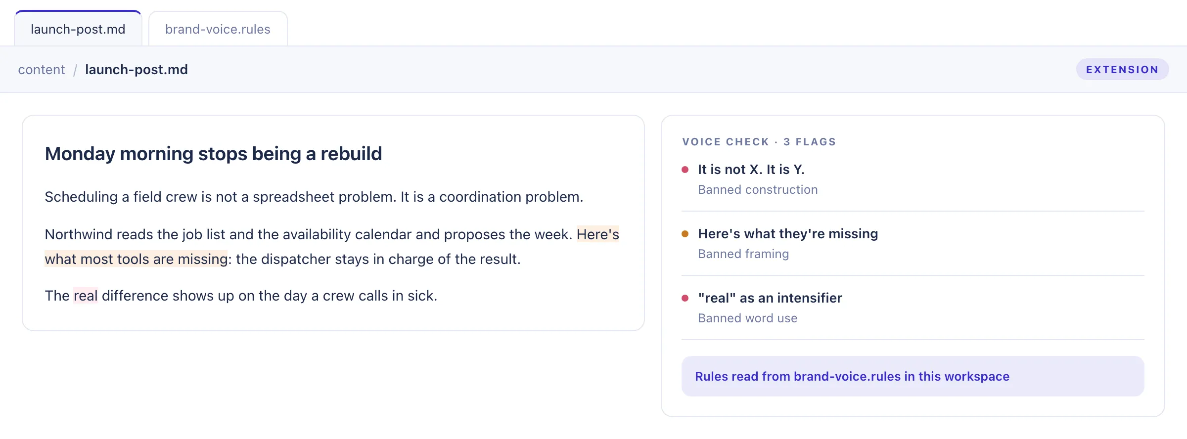 Concept mockup of a brand voice linter flagging banned constructions inside a draft
