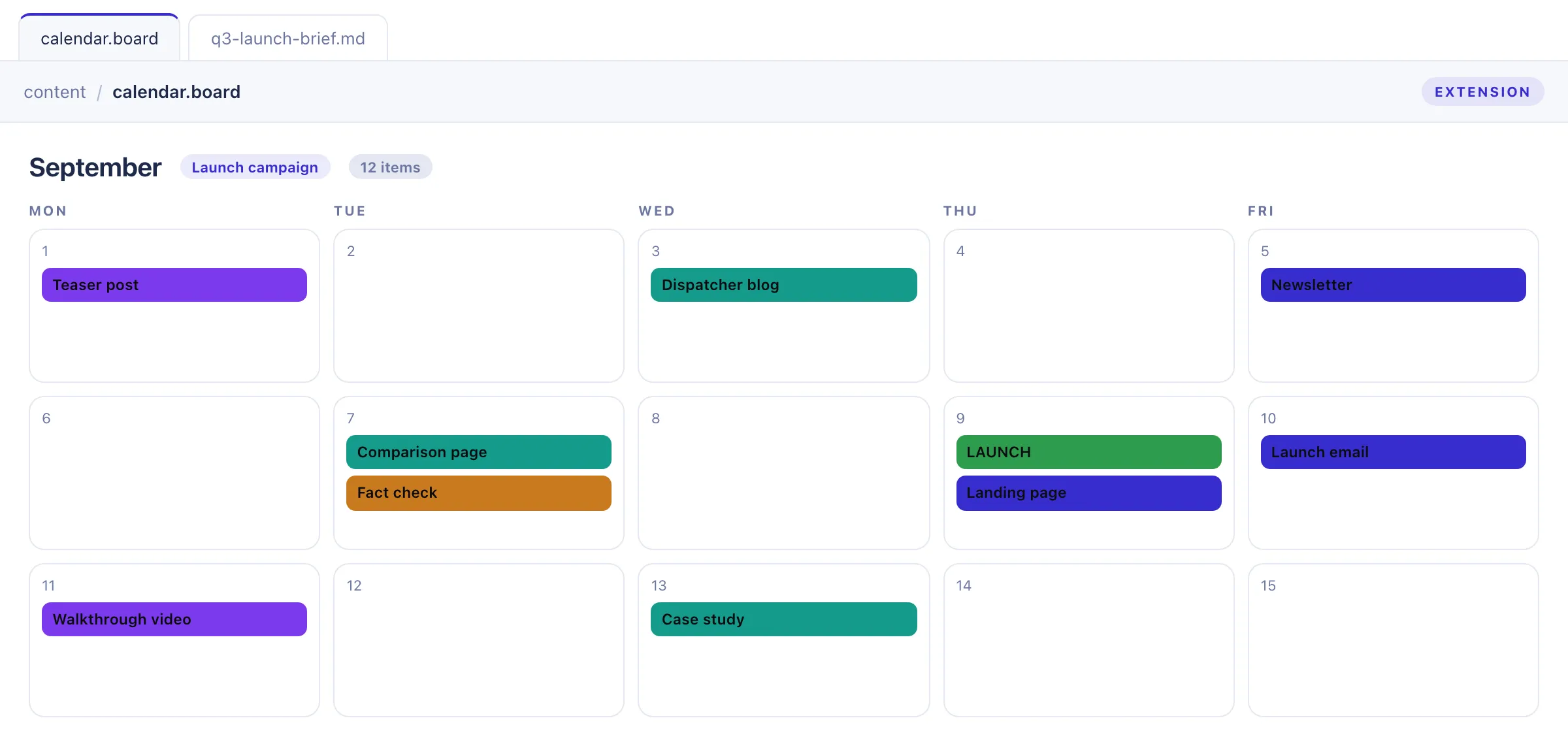 Concept mockup of an editorial calendar extension showing a launch month with campaign chips