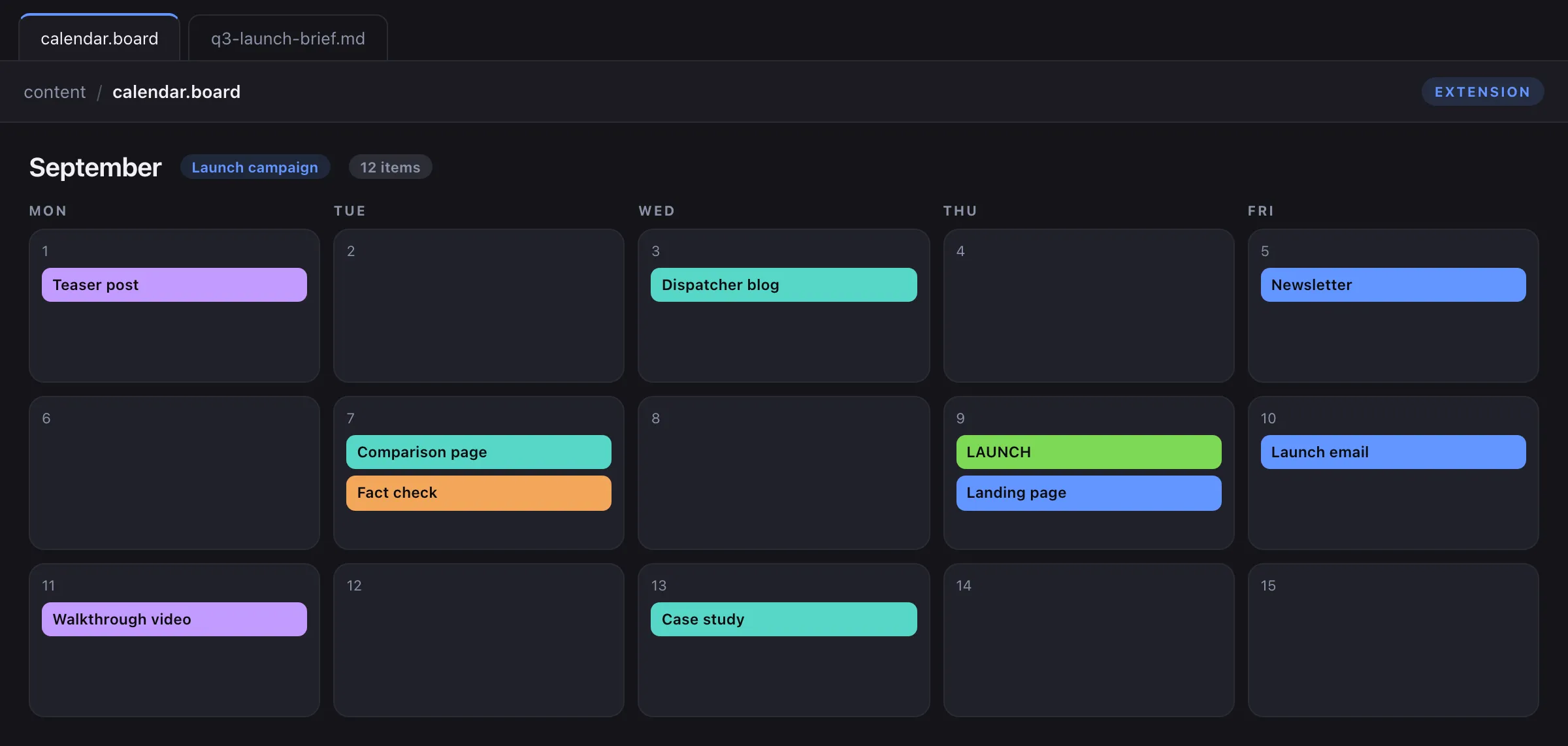 Concept mockup of an editorial calendar extension showing a launch month with campaign chips
