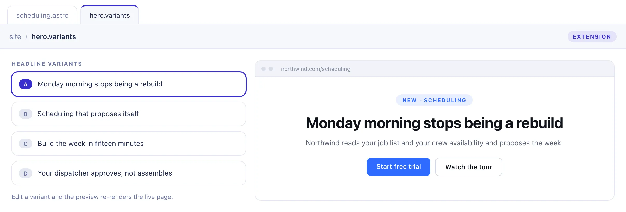 Concept mockup of a landing page variant editor with headline options beside a live preview