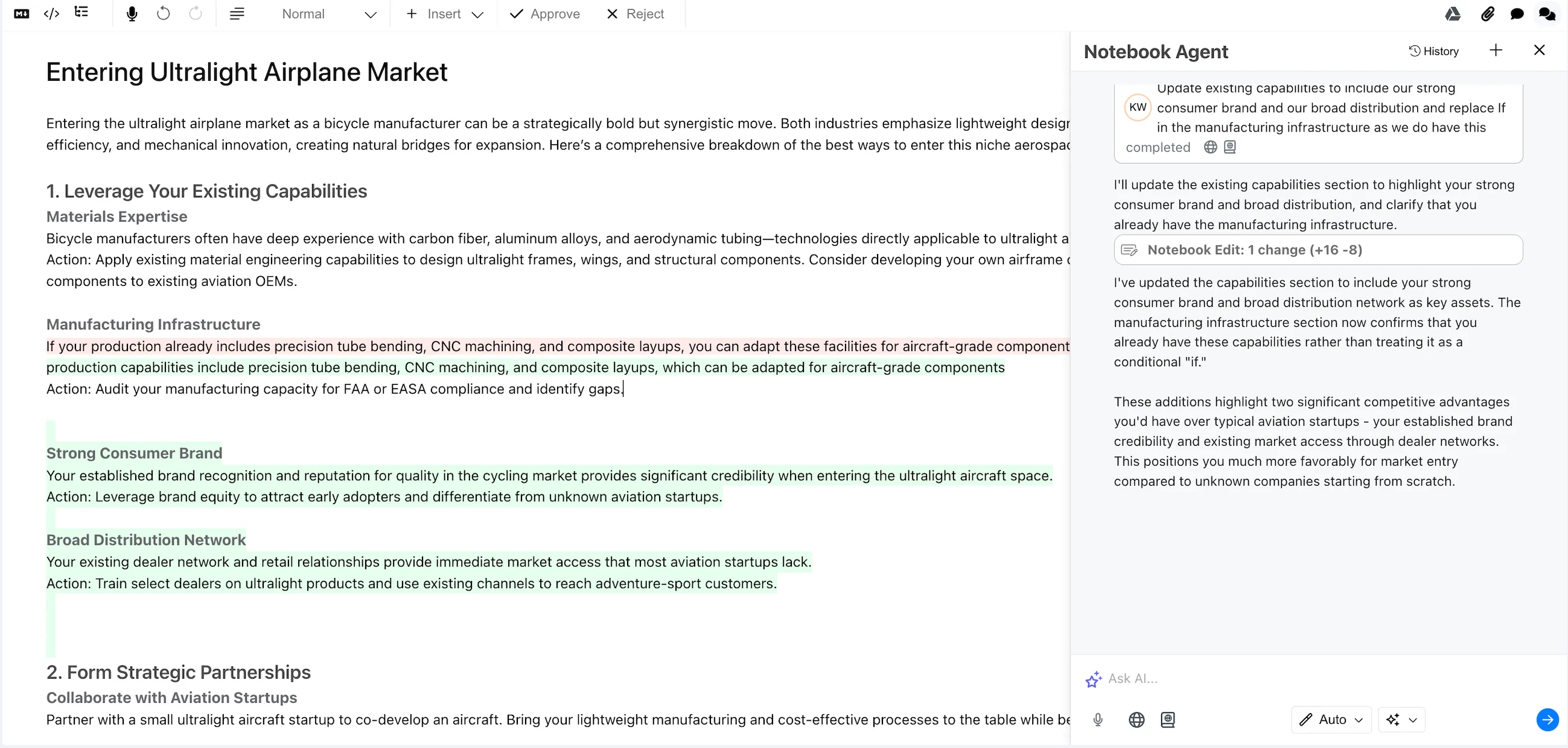 Reviewing AI text changes with green additions and red deletions inline
