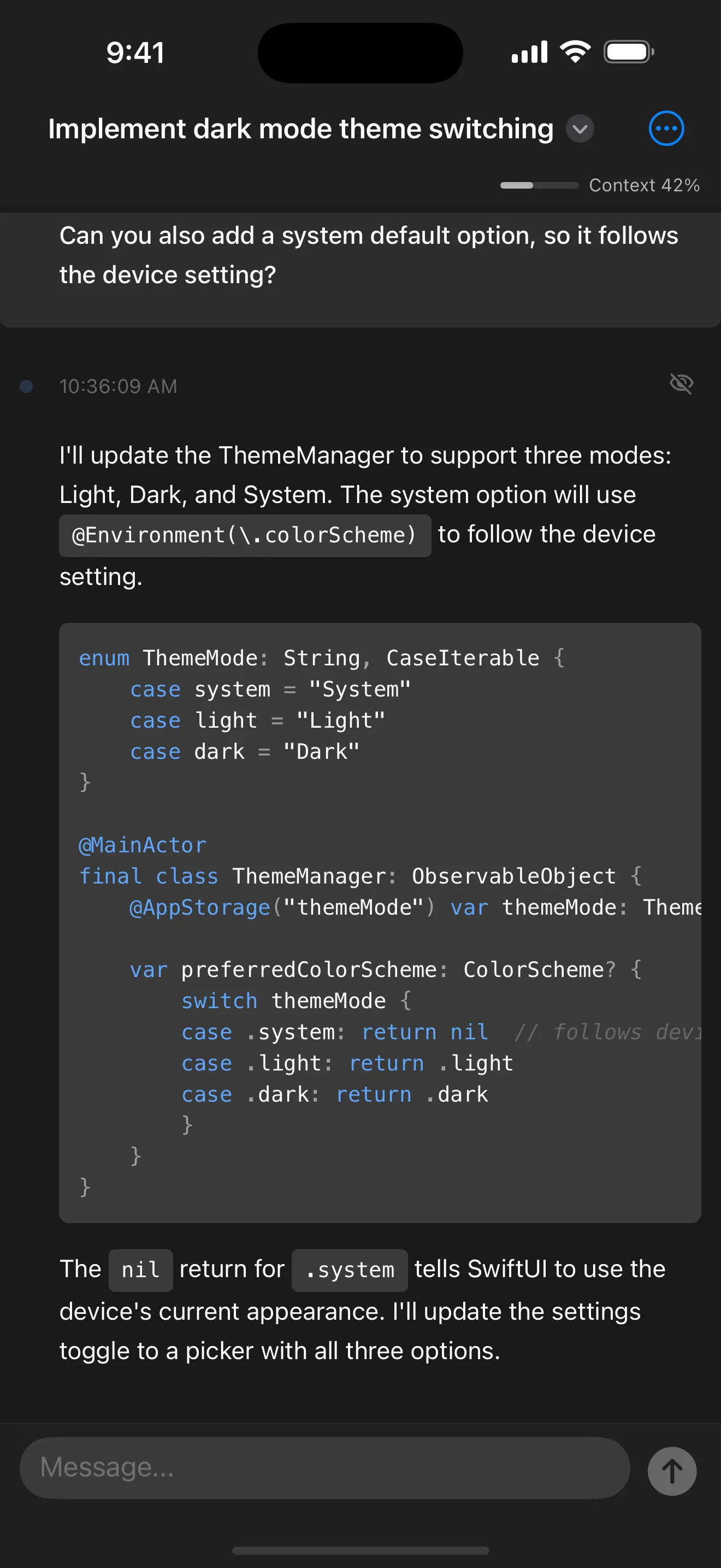 Nimbalyst iOS — agent session detail with code