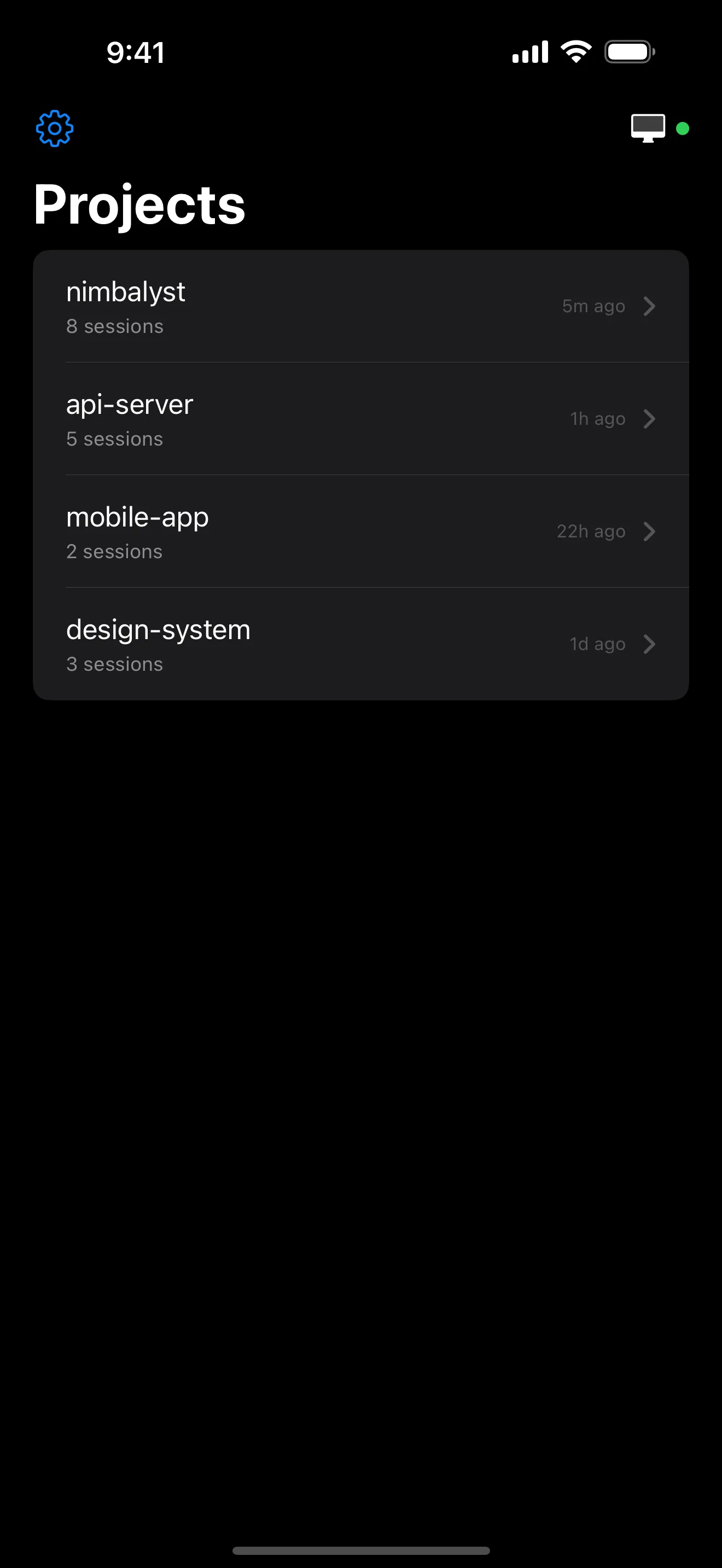 Nimbalyst iOS — project list