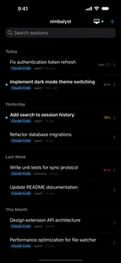 Nimbalyst iOS — session list showing active agent sessions