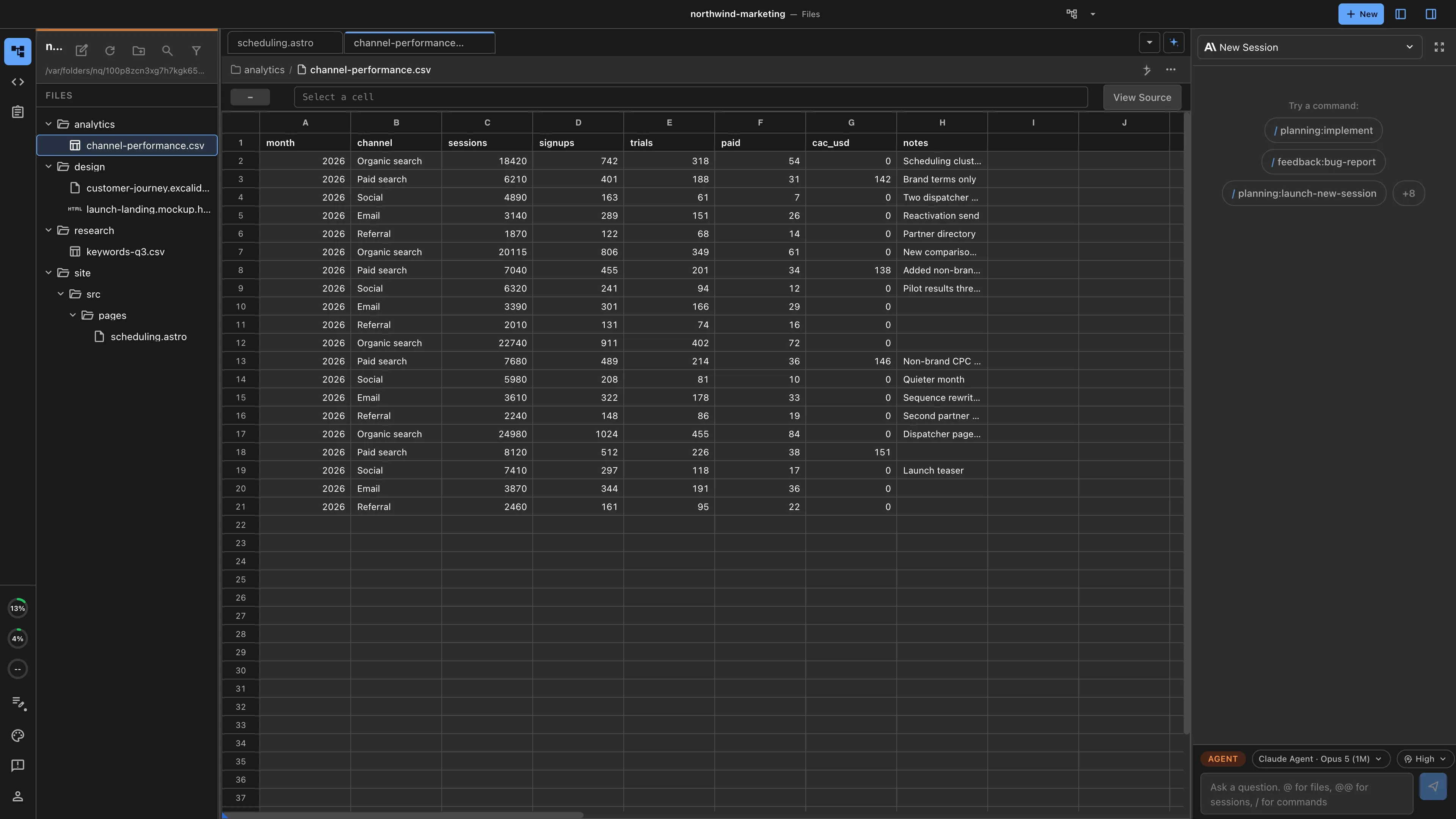 Channel performance data in the Nimbalyst spreadsheet editor with the analysis beside it