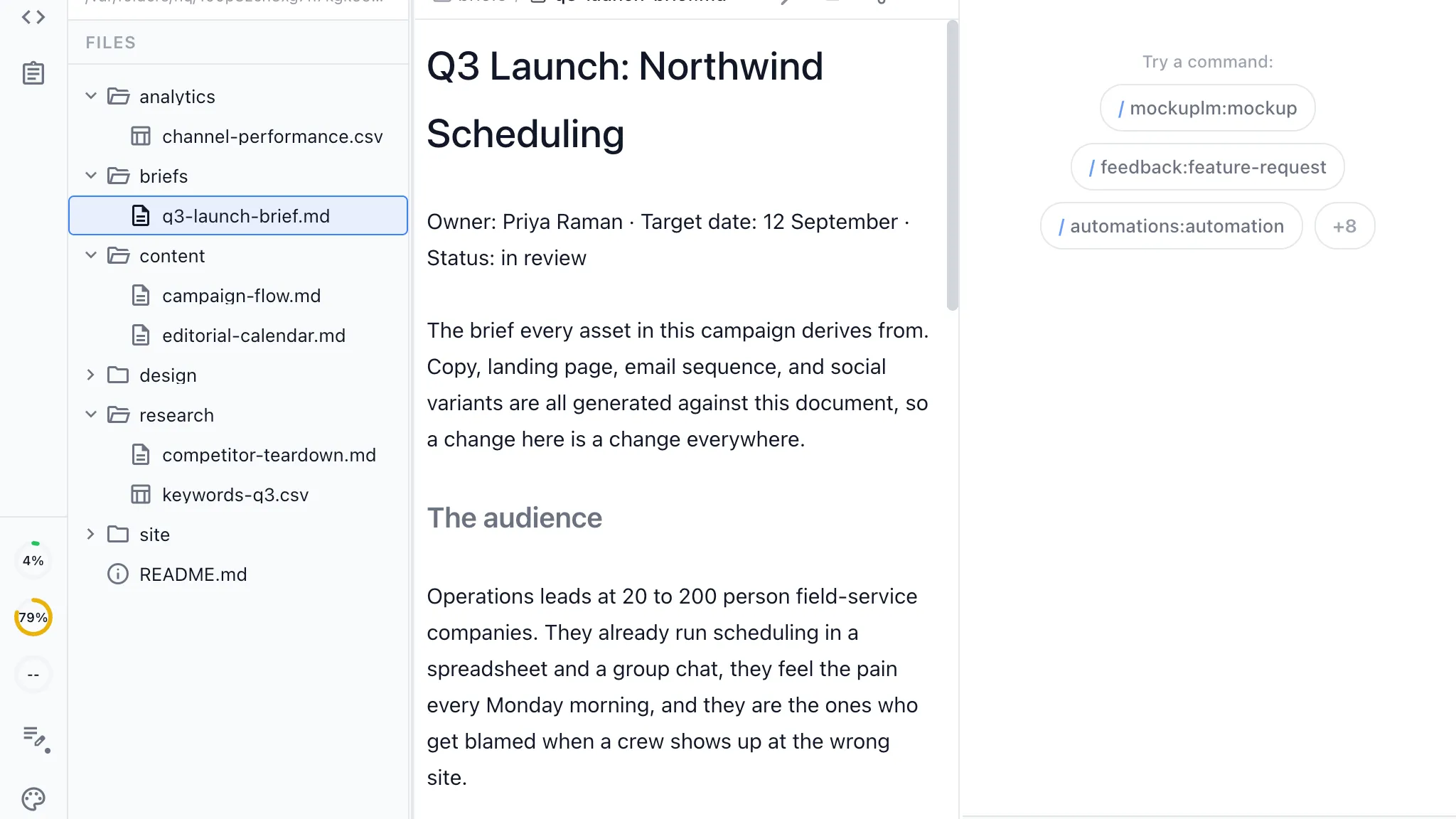 A campaign brief open in the Nimbalyst document editor with a coding agent in the sidebar