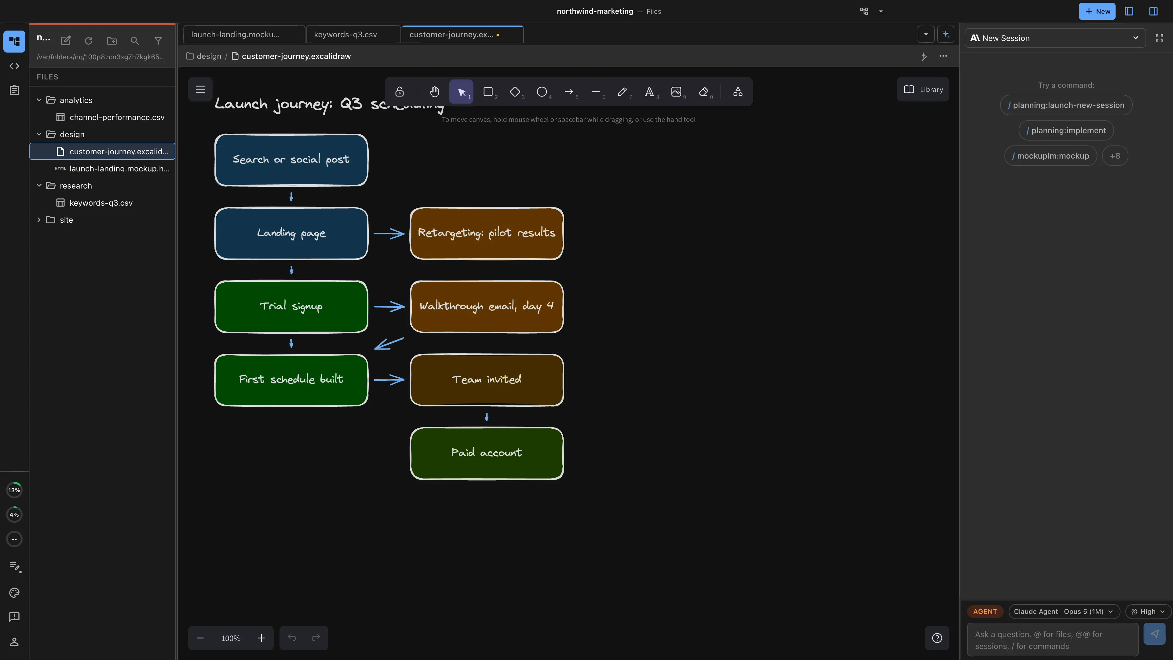 A customer journey diagram open in the Nimbalyst canvas editor with a coding agent in the sidebar