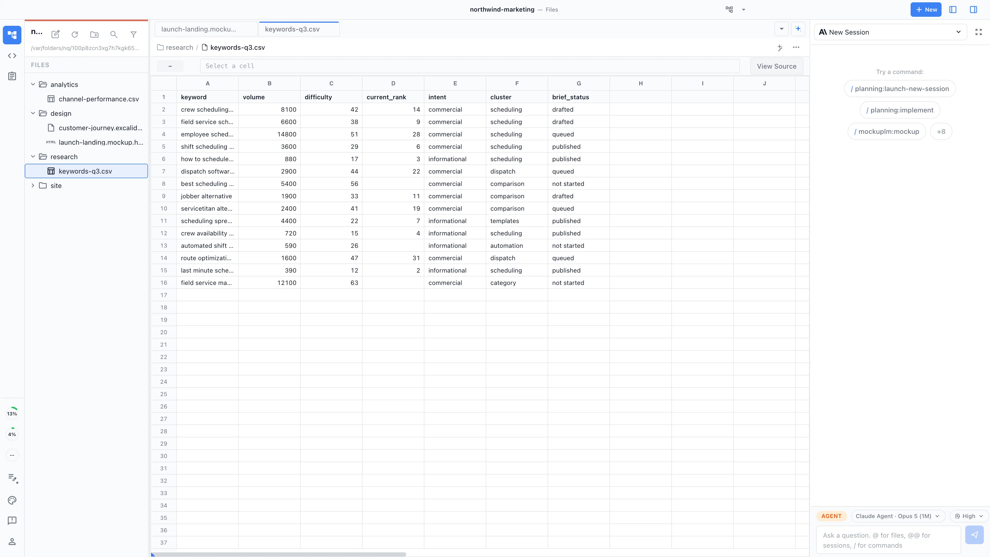 A keyword research spreadsheet open in Nimbalyst with a coding agent in the sidebar