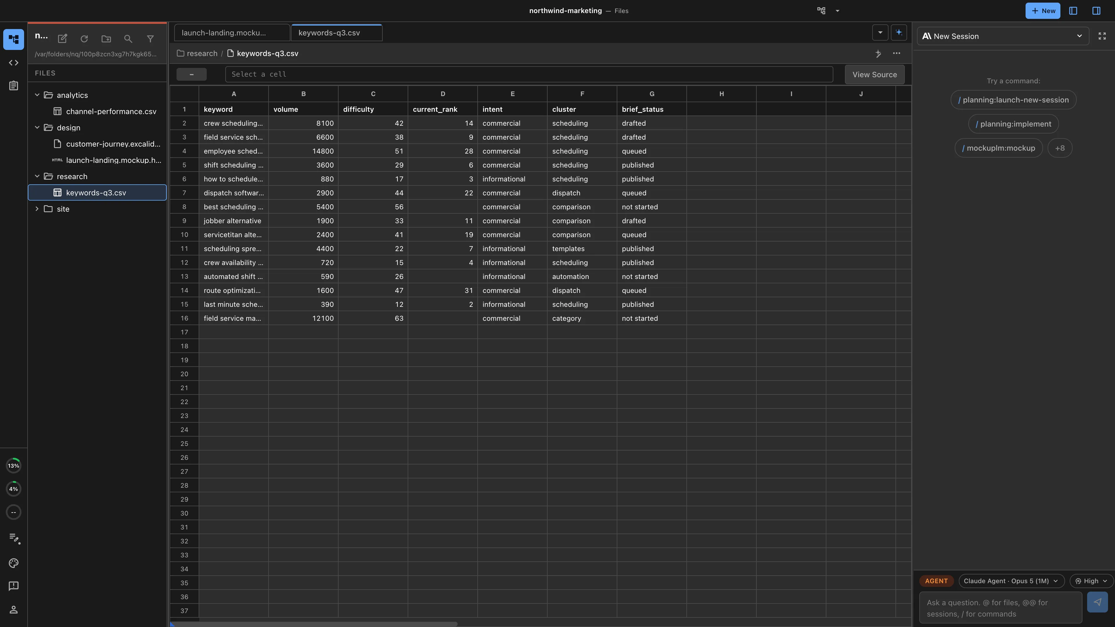 A keyword research spreadsheet open in Nimbalyst with a coding agent in the sidebar