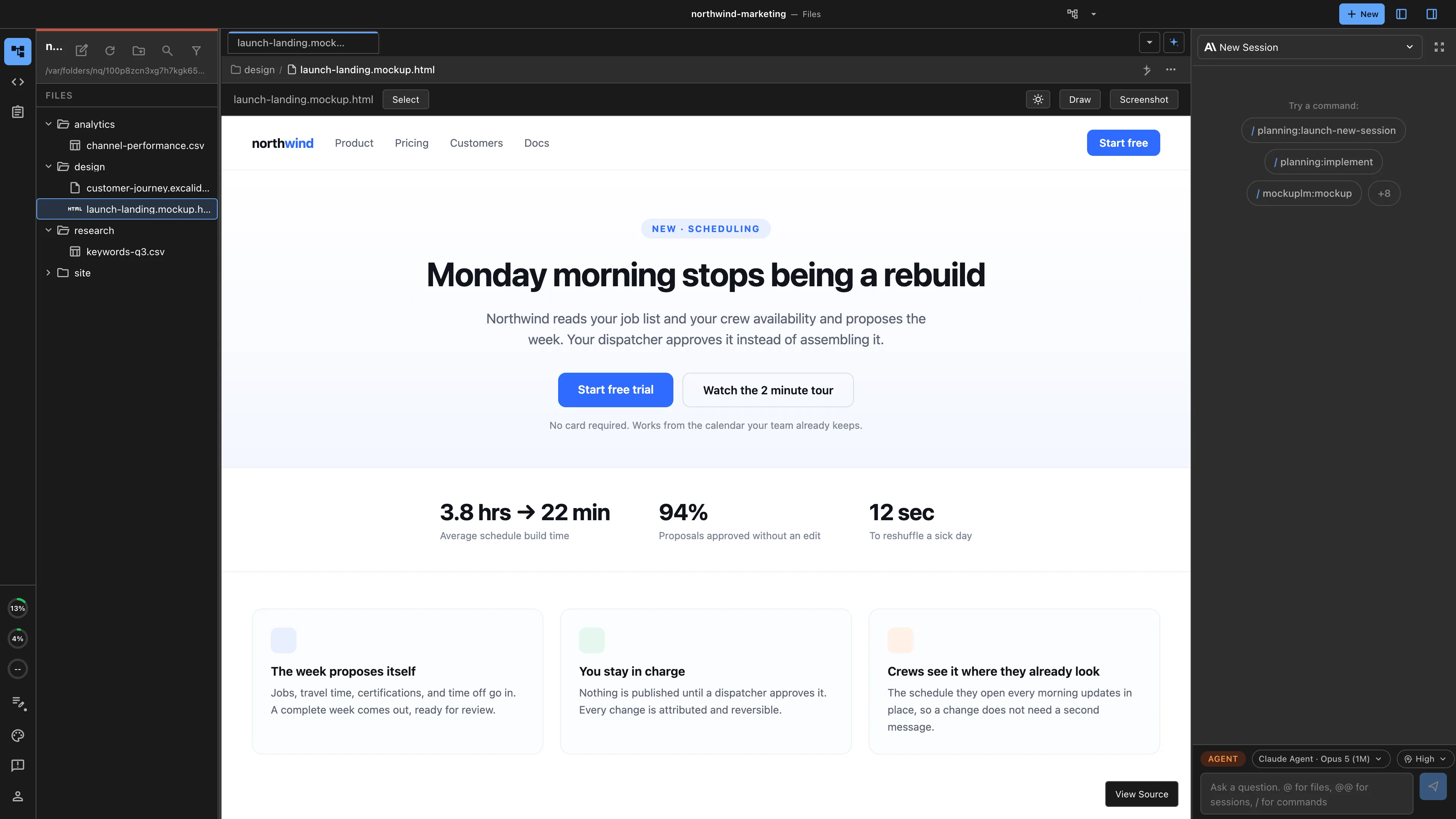 A landing page mockup open in Nimbalyst with a coding agent in the sidebar