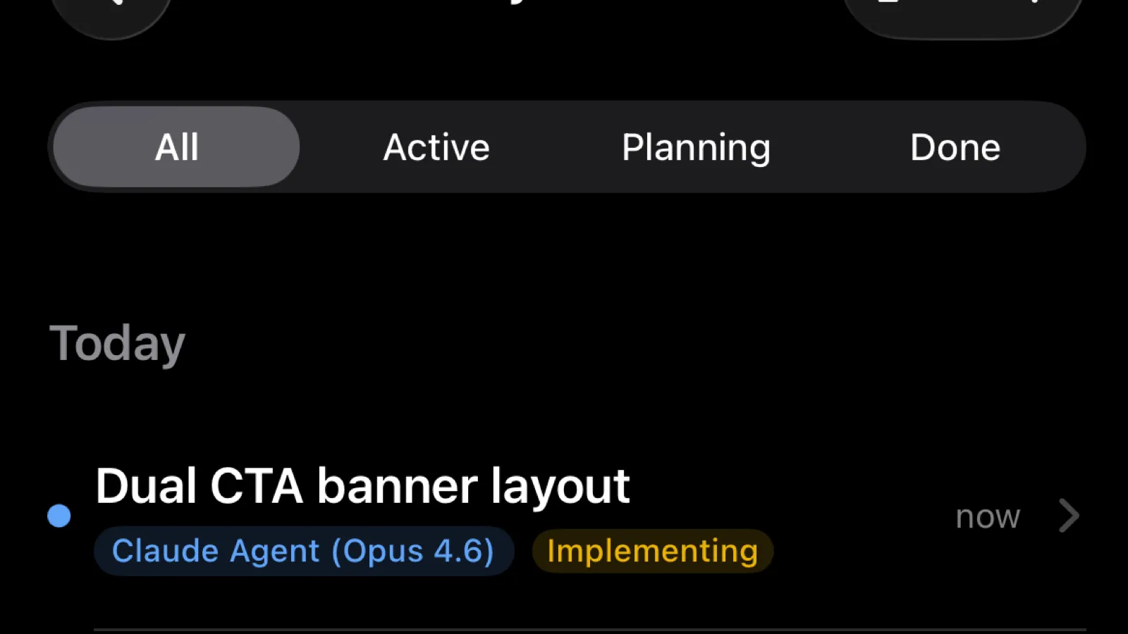 Mobile session dashboard showing active and completed agent sessions