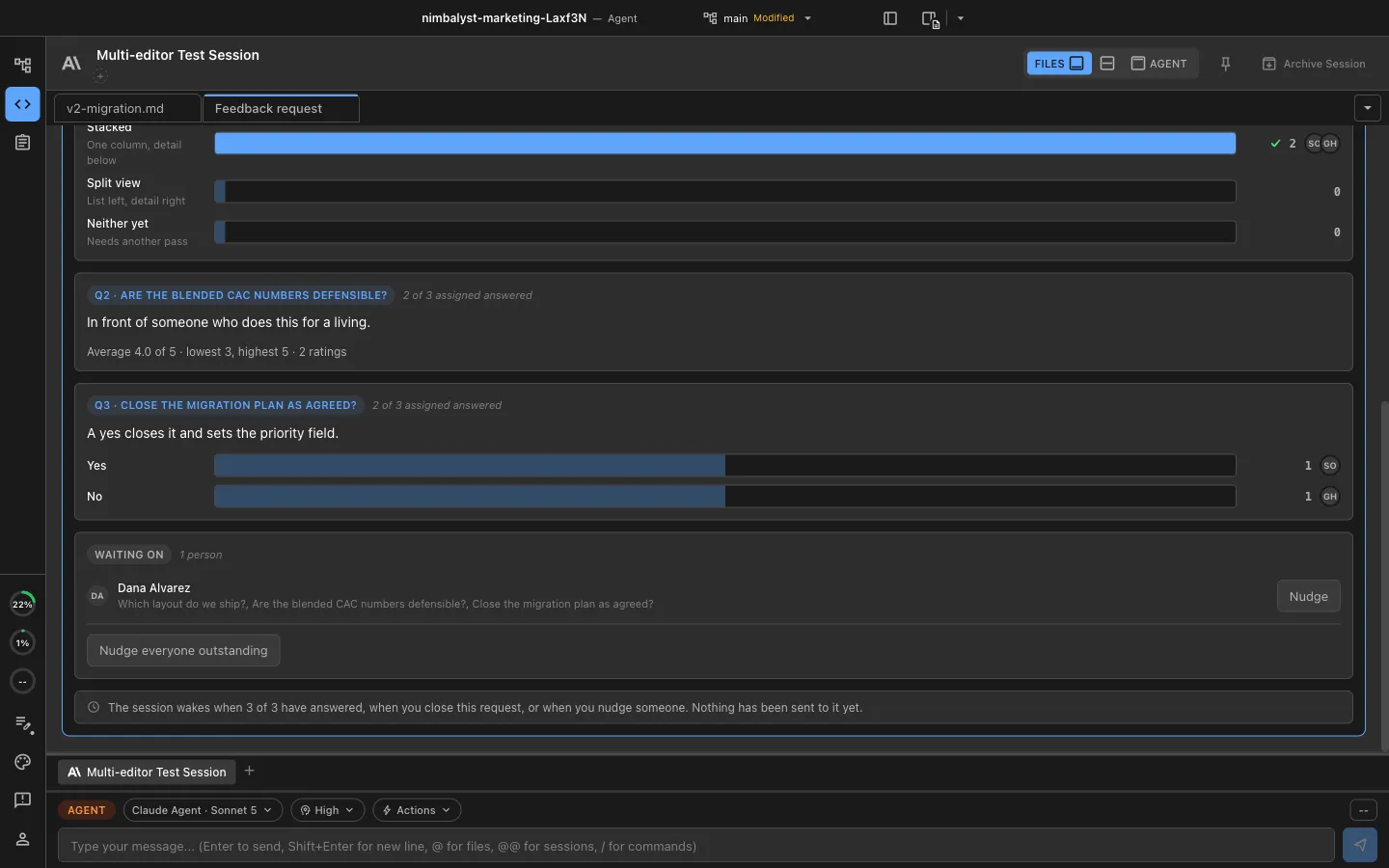 A feedback request showing three questions with per-person answers, the ratings spread, and who is still outstanding