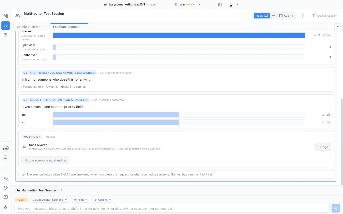 A feedback request showing three questions with per-person answers, the ratings spread, and who is still outstanding