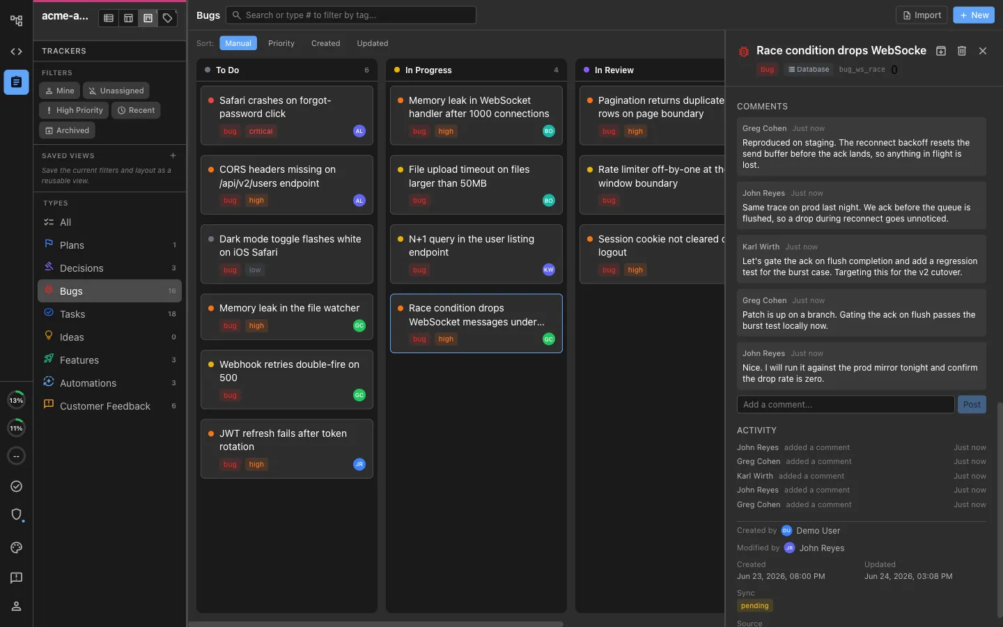 A shared bug board with one item open on a live team discussion
