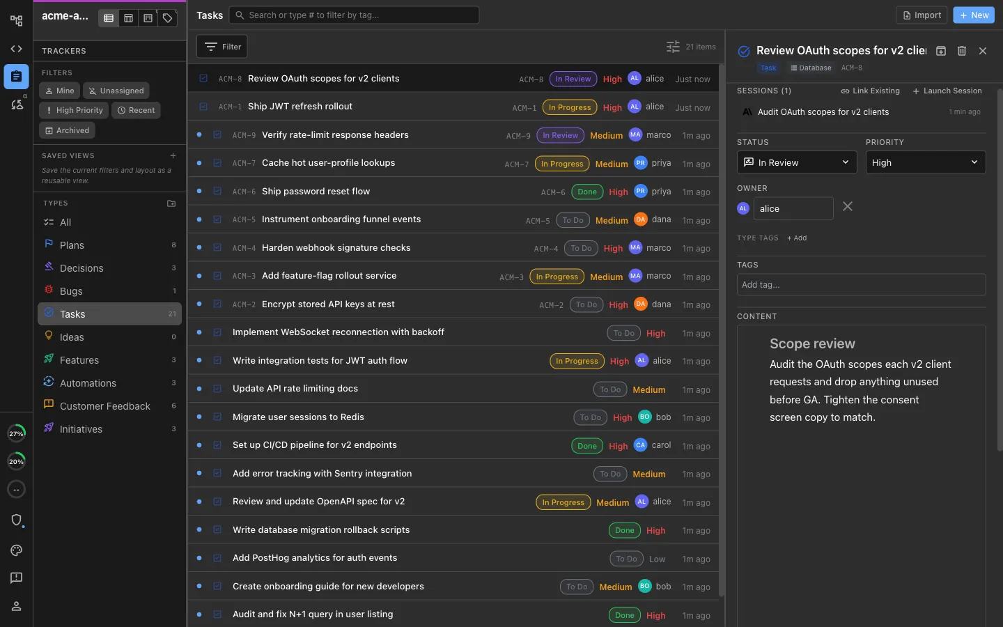 A tracker item detail kept up to date, with status, priority, owner, a written body, and a linked session