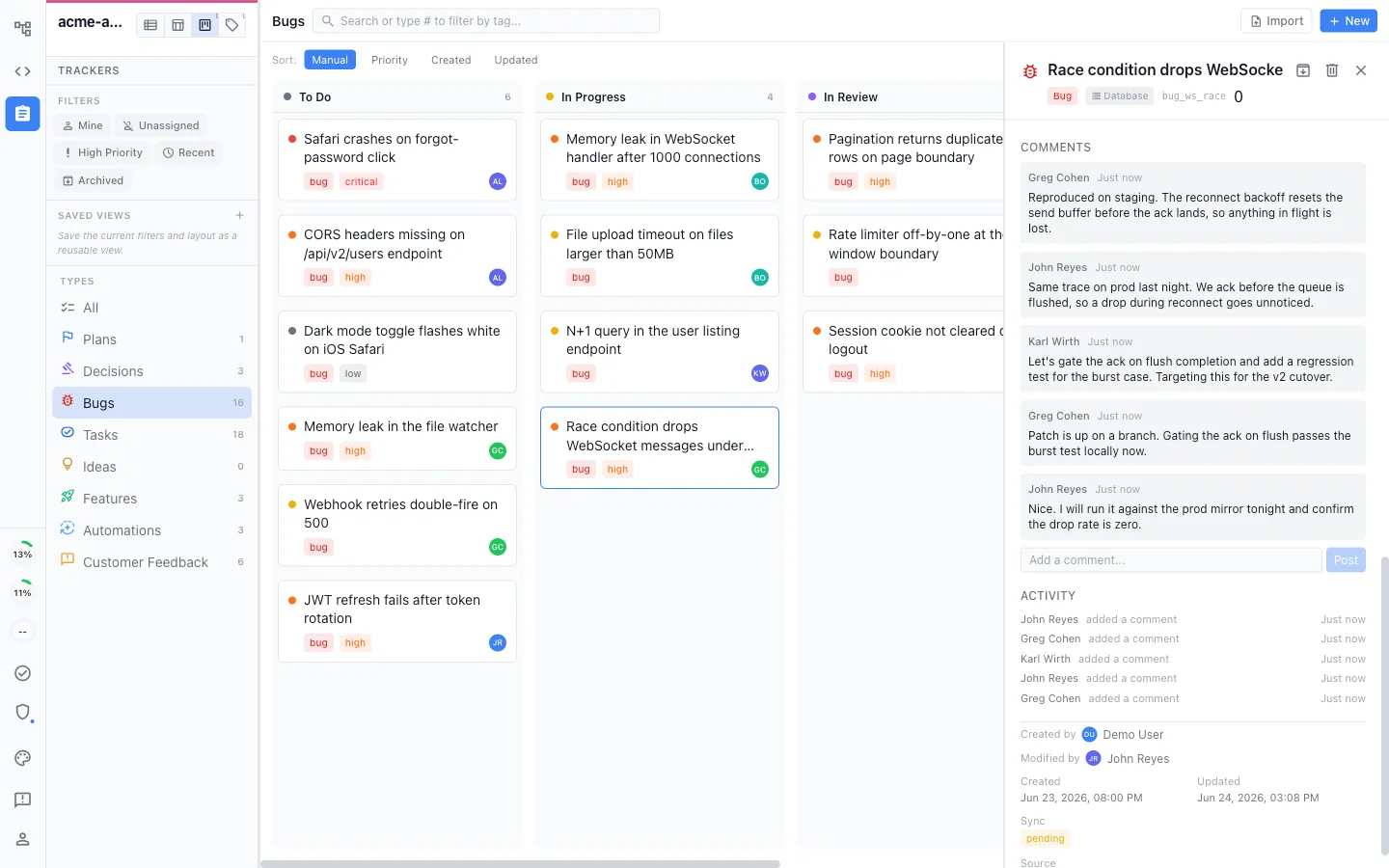 A shared bug board with one item open on a live team discussion