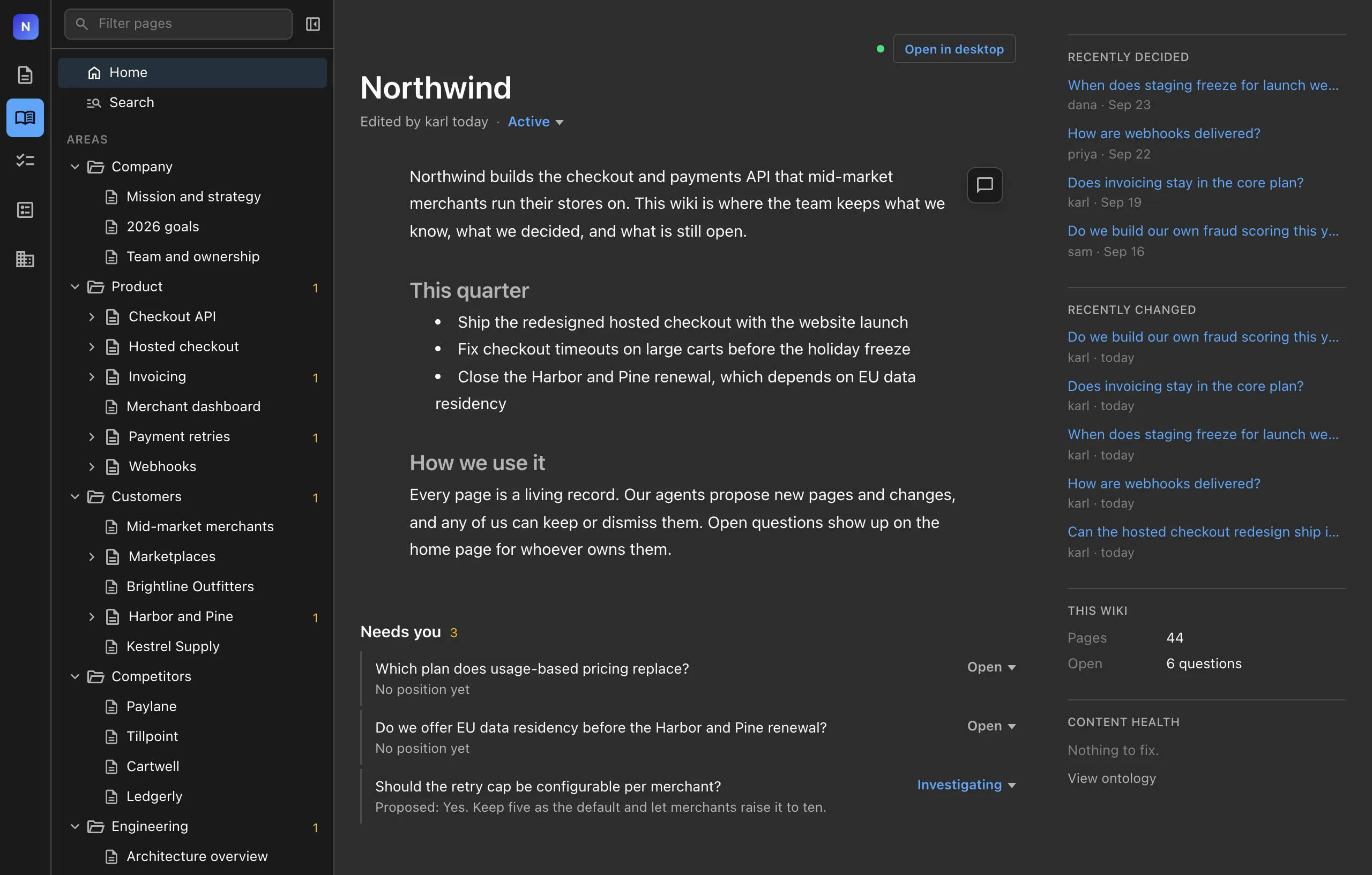 The team wiki home page in the Nimbalyst web console, with the page tree, the open questions that need the team and recently decided items