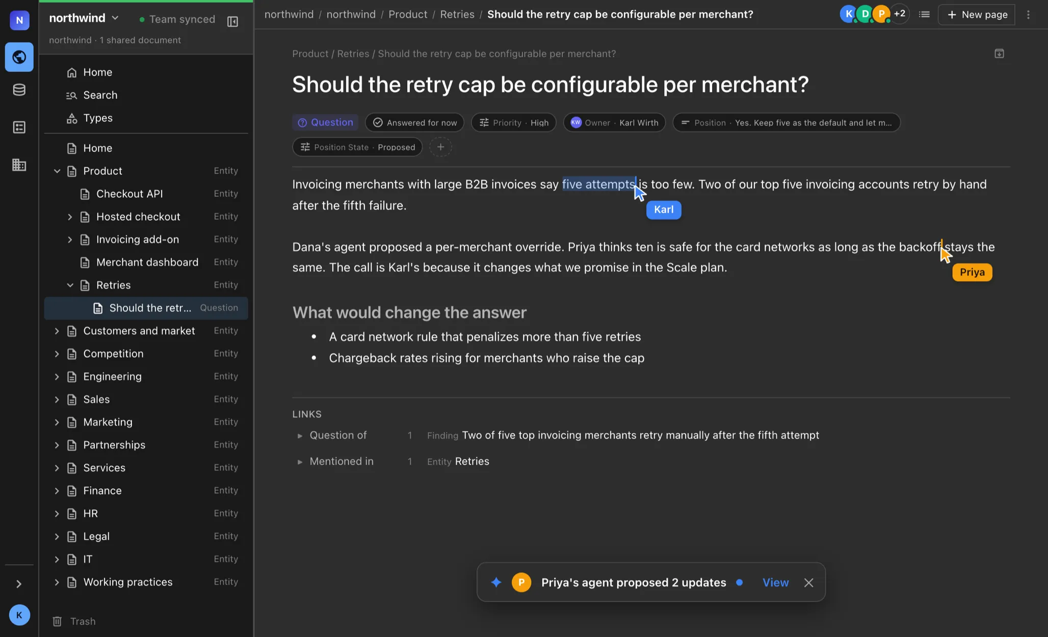A shared Wiki Teams page with Karl and Priya’s cursors, an open question, linked decisions, and proposed updates from Priya’s agent