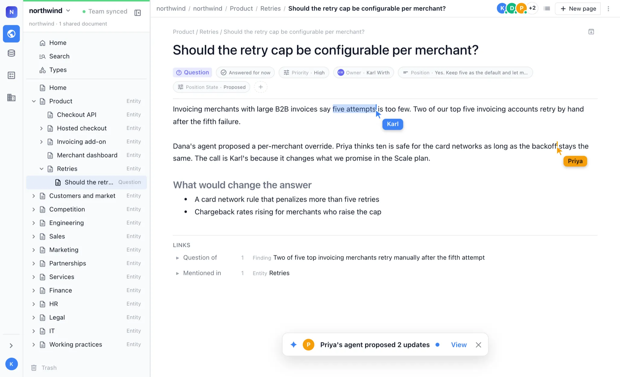 A shared Wiki Teams page with Karl and Priya’s cursors, an open question, linked decisions, and proposed updates from Priya’s agent
