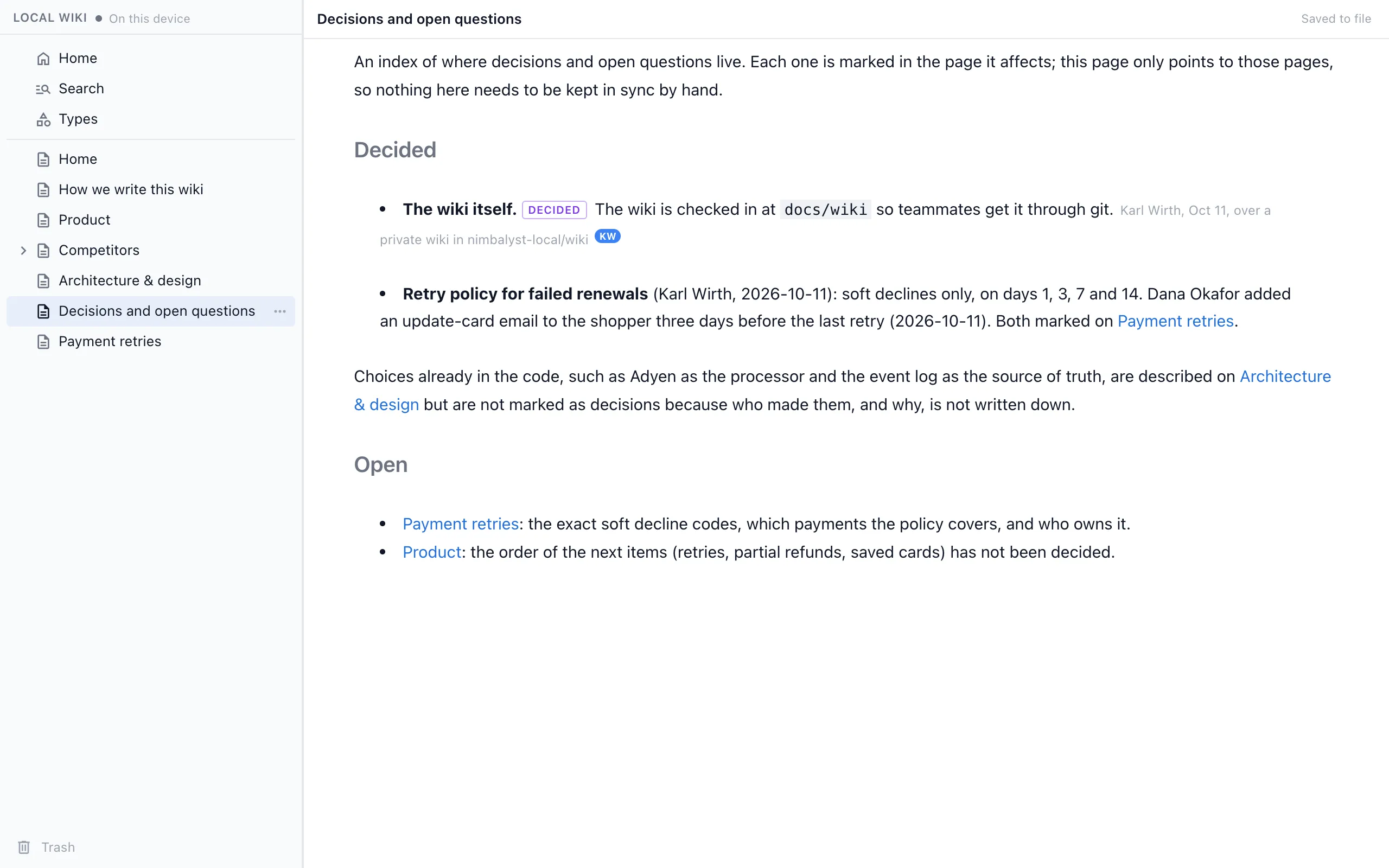 The Decisions and open questions page in the browser, listing what was decided and what is still open with links to the pages