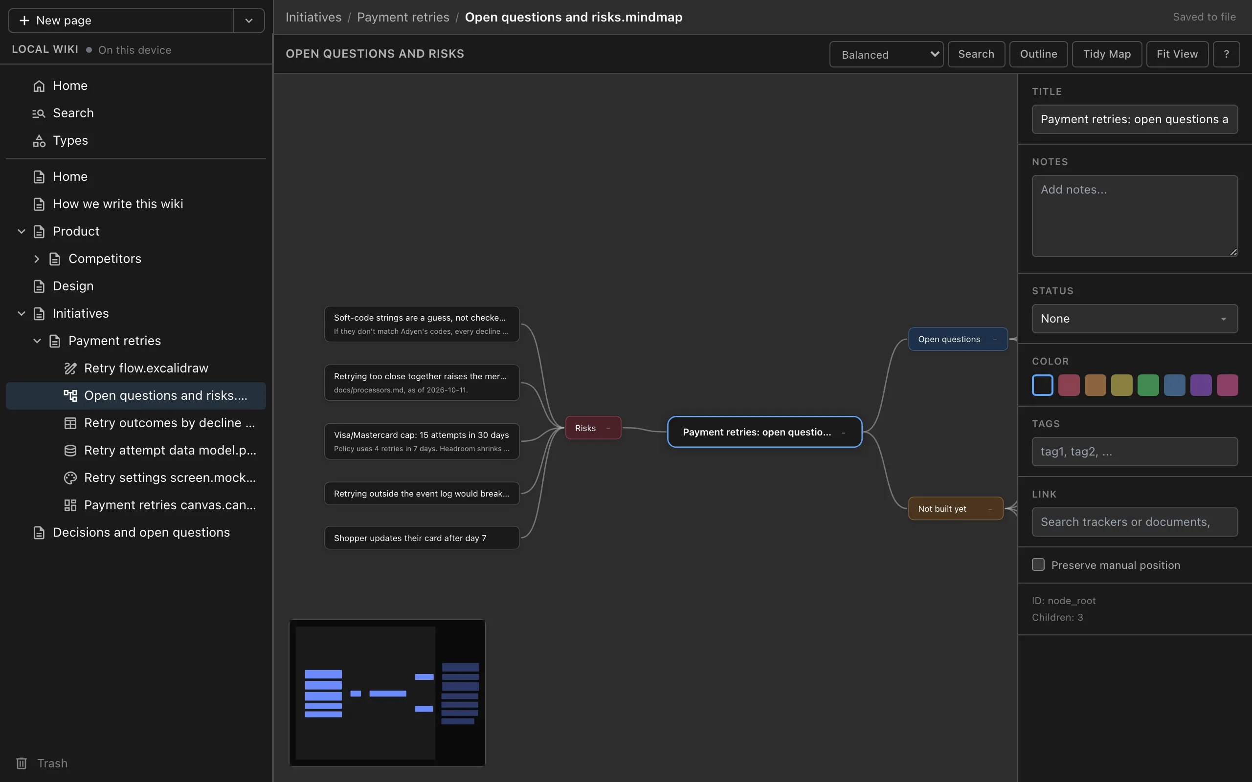 A mind map of open questions and risks for payment retries open in the wiki browser view