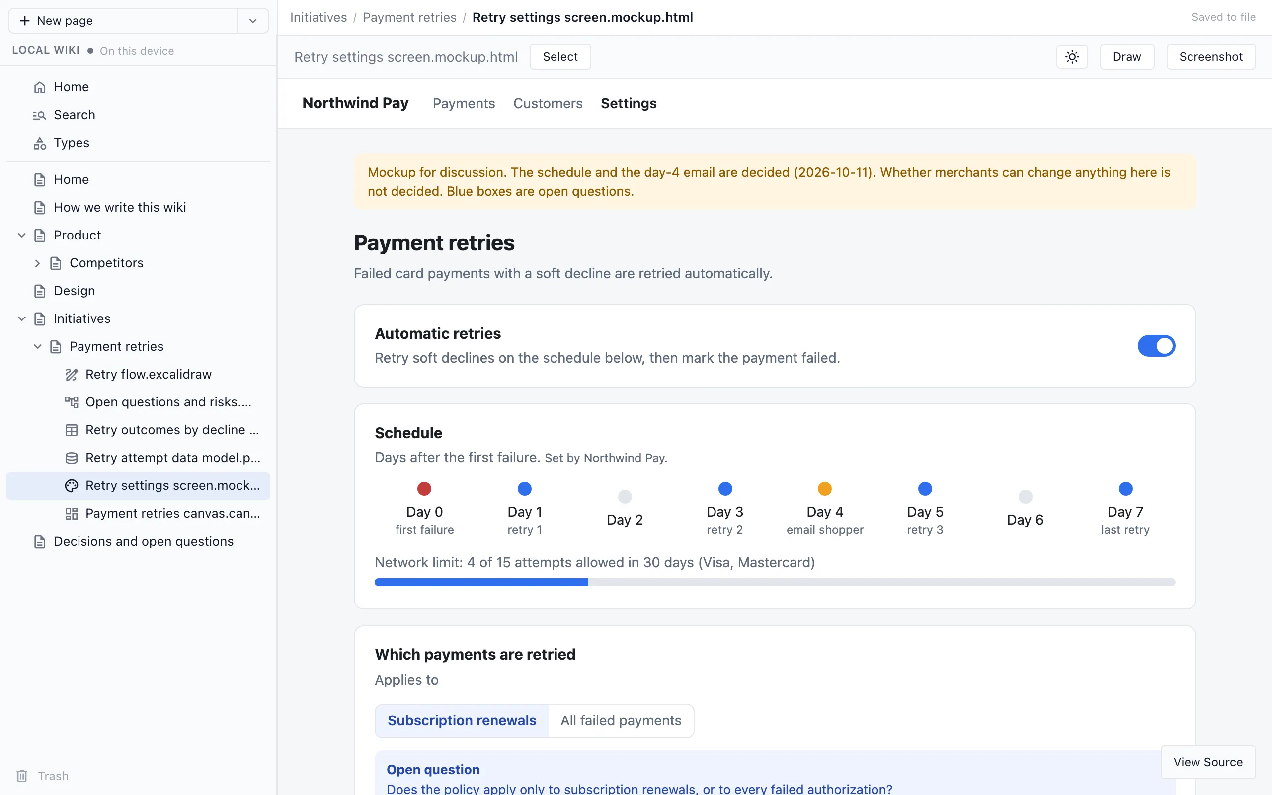 A mockup of the retry settings screen open in the wiki browser view
