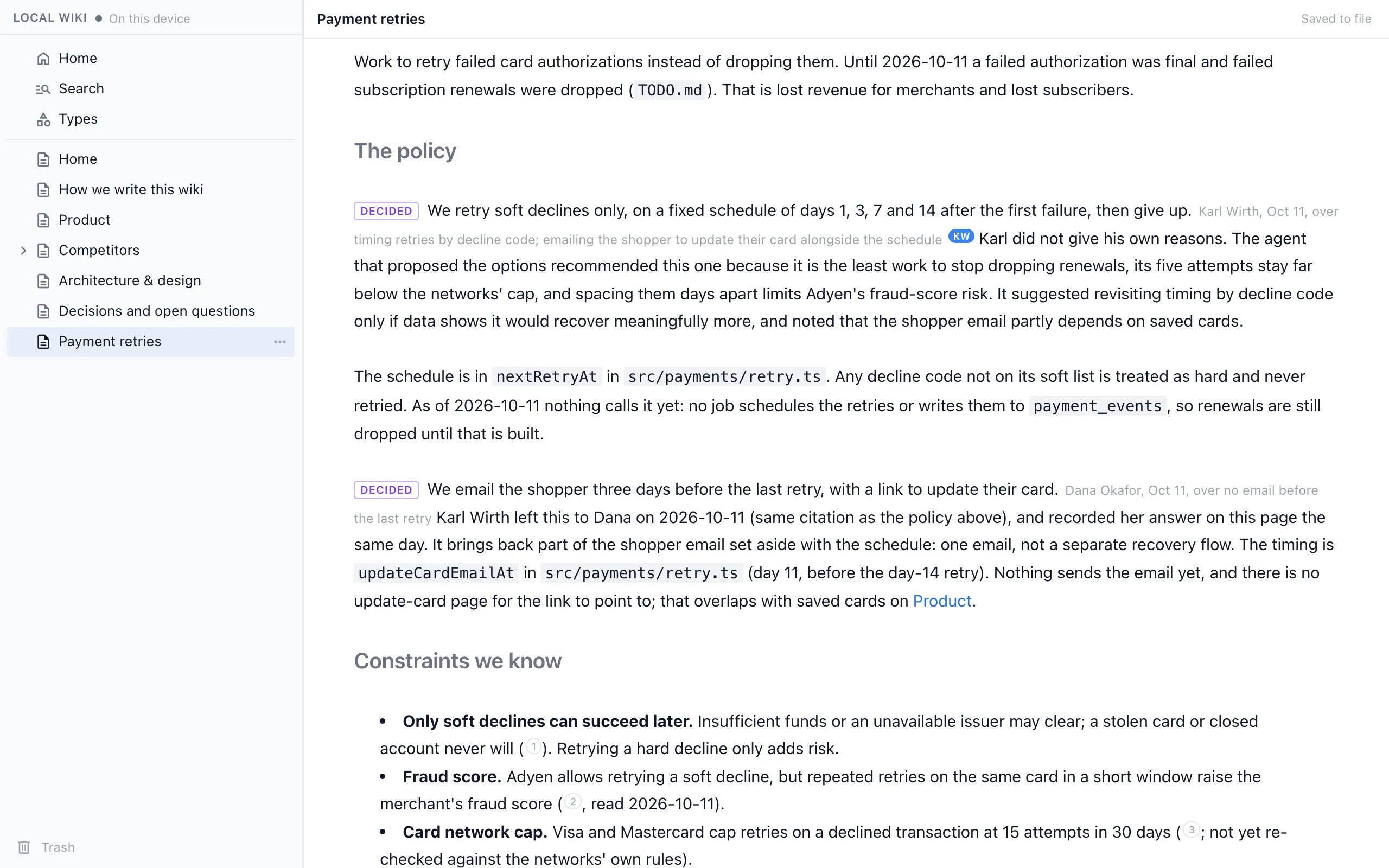 The Payment retries page in the browser, with two decisions marked with who decided, when and what was not chosen