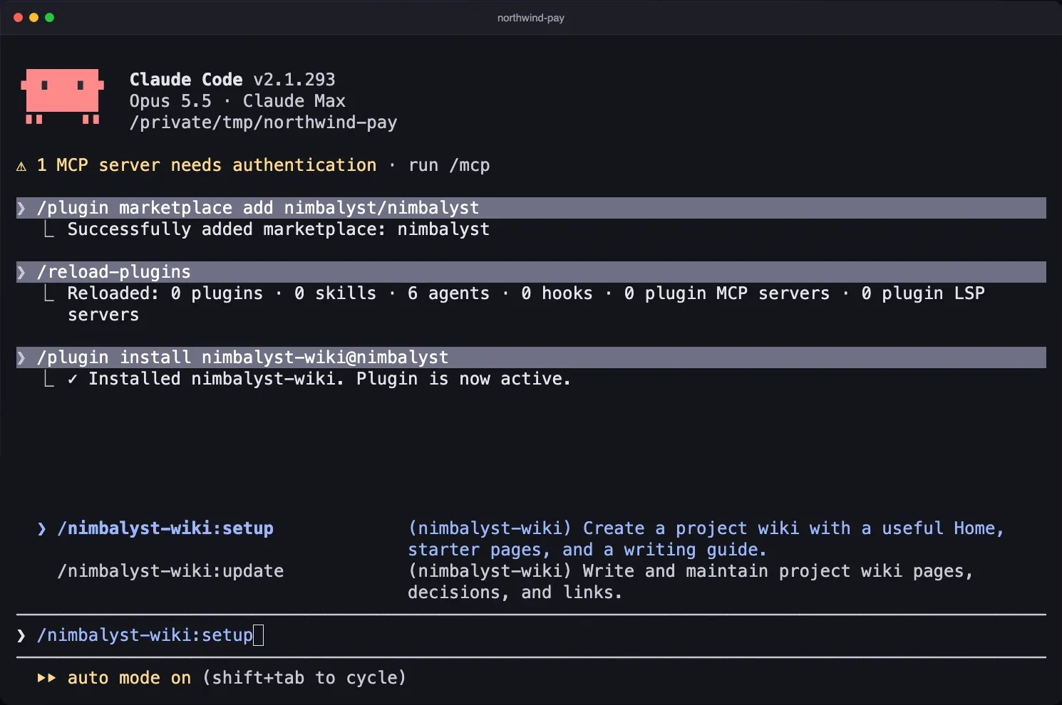 Claude Code after installing the Nimbalyst Wiki plugin, with /nimbalyst-wiki:setup typed at the prompt