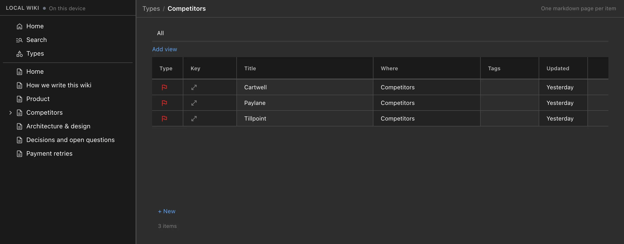 The Competitors type in the browser, a table listing Cartwell, Paylane and Tillpoint, each one its own page