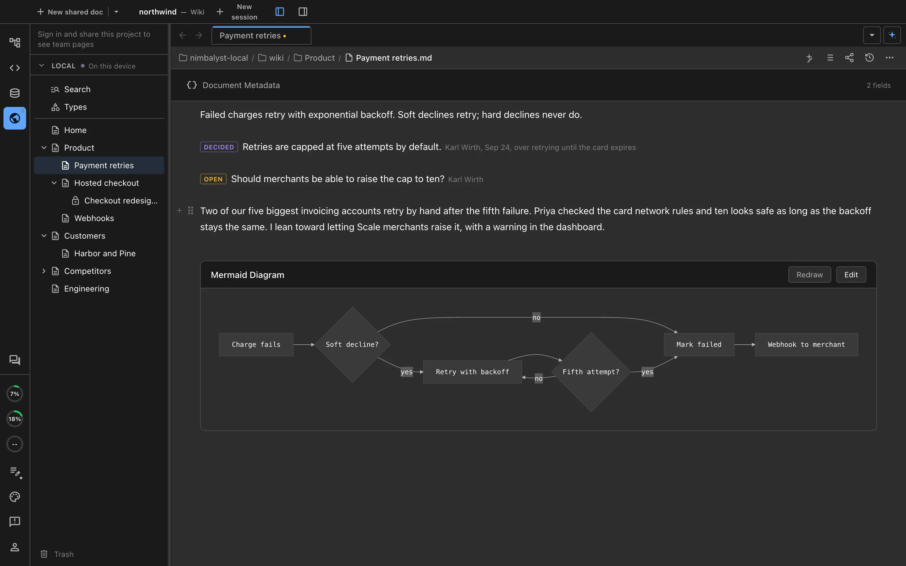 You typing a new sentence into the Payment retries page, below the decision and the open question your agents recorded