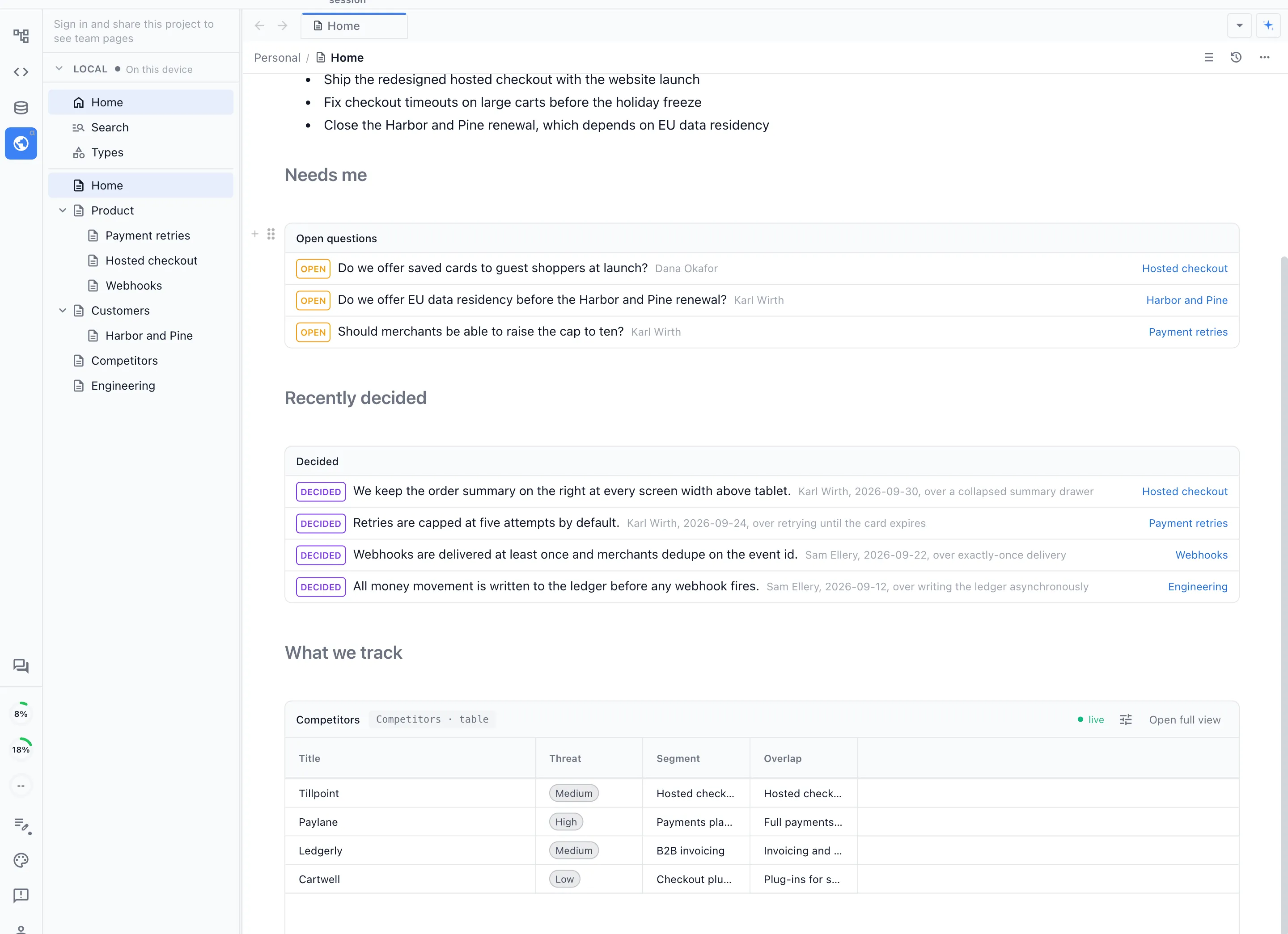 The wiki home page in Nimbalyst, with the page tree, the open questions that need you, recently decided items linked to their pages, and a live typed table of competitors inline in the page