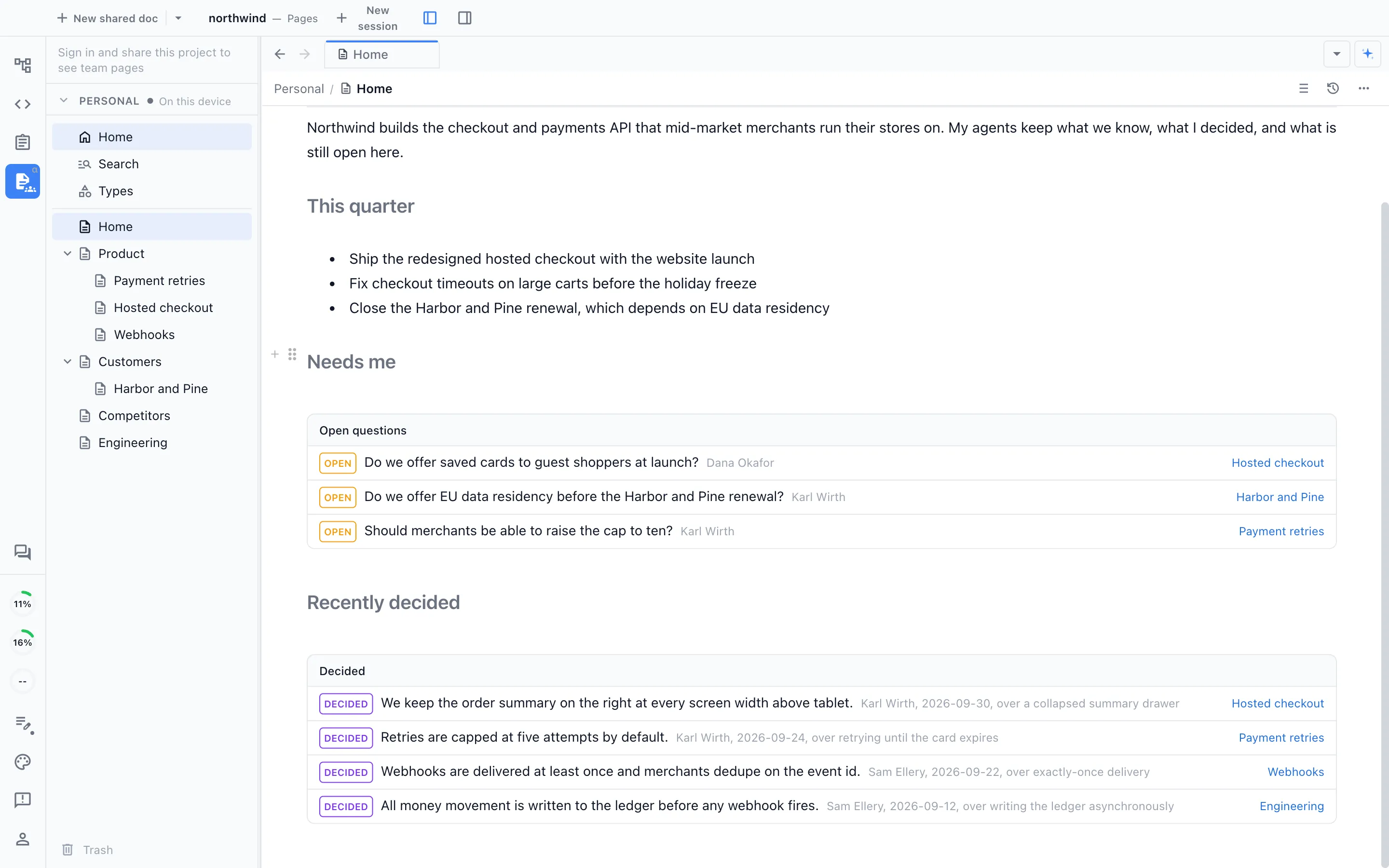 The wiki home page in Nimbalyst, with the page tree, the open questions that need you and recently decided items, each linked to its page