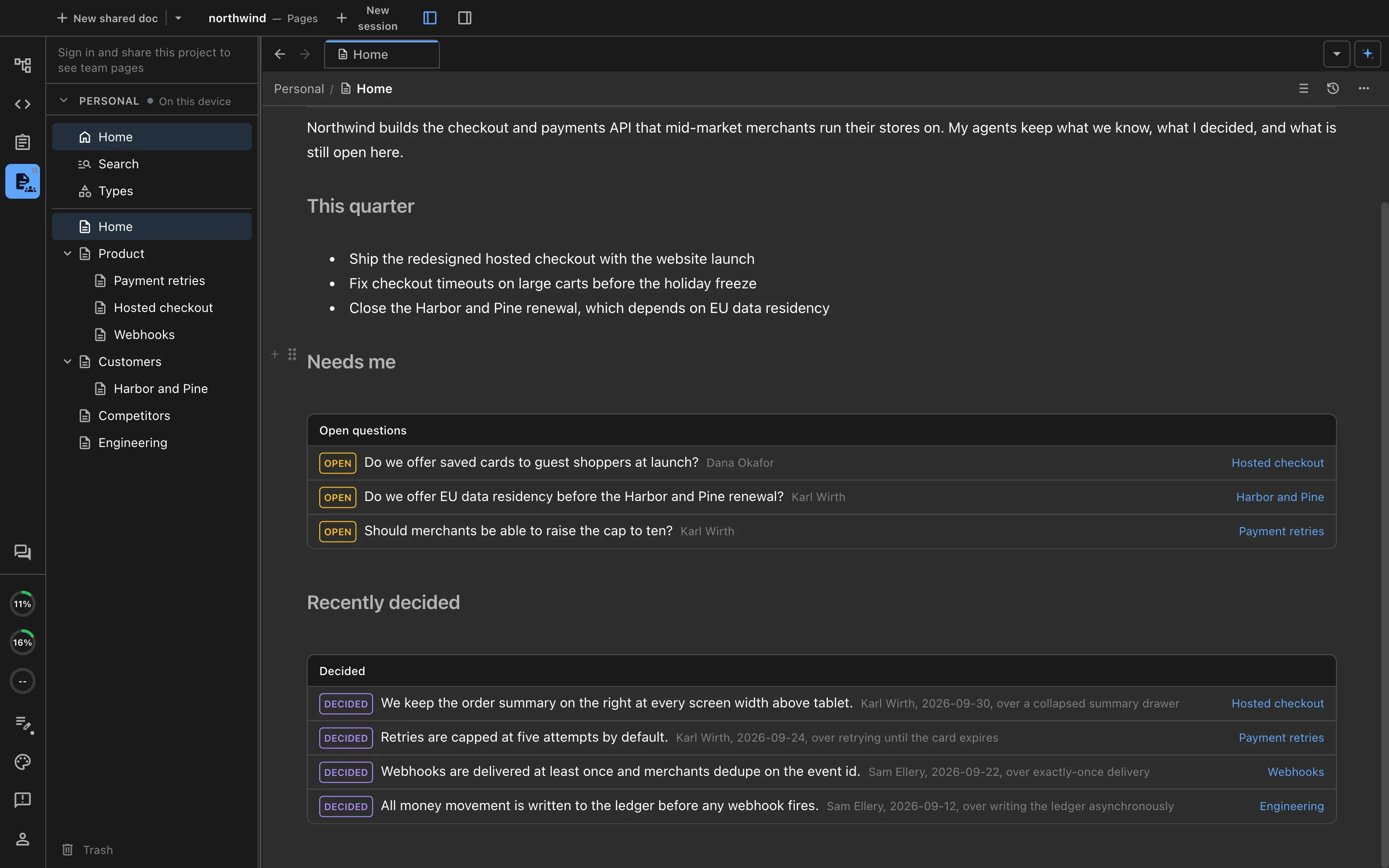 The wiki home page in Nimbalyst, with the page tree, the open questions that need you and recently decided items, each linked to its page