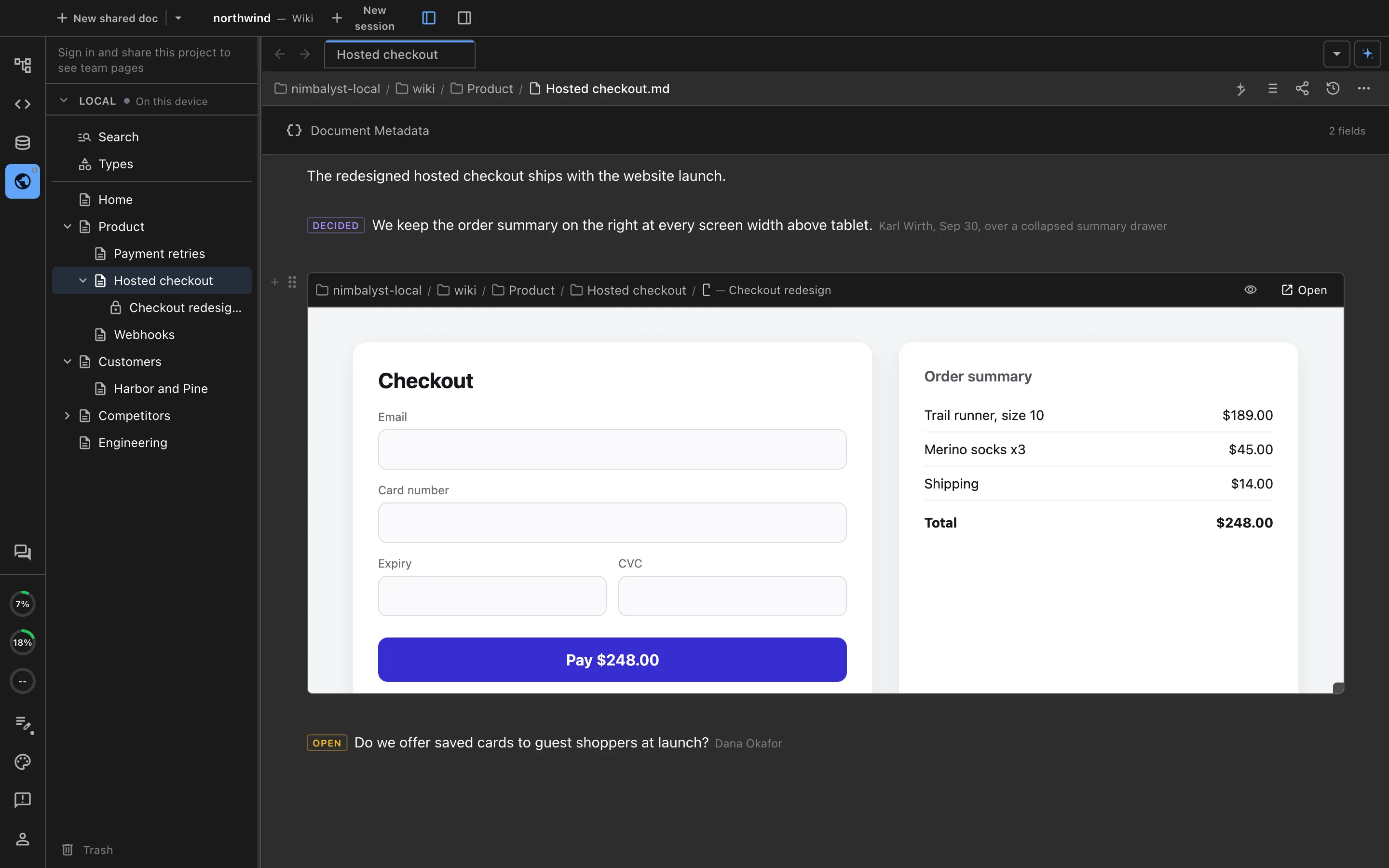 A Hosted checkout page with a decision marked with who made it and when, and an open question with its owner