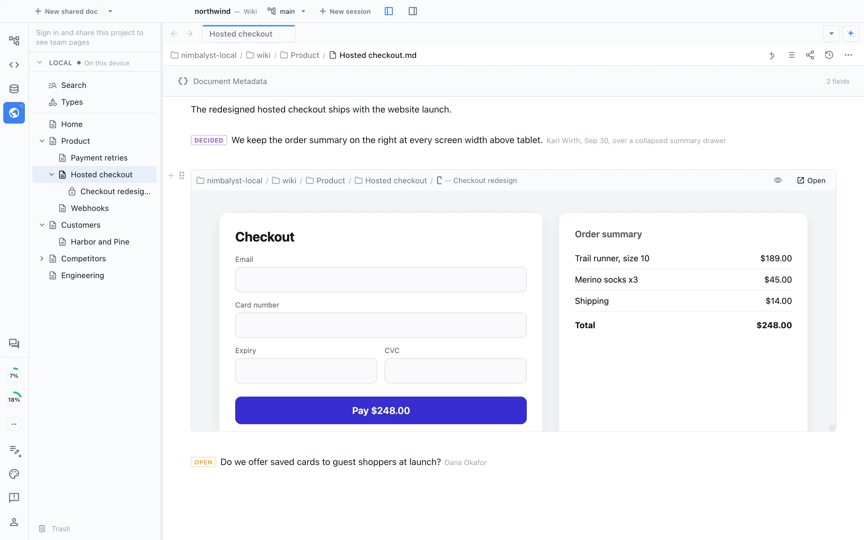 A Hosted checkout page with a decision marked with who made it and when, and an open question with its owner