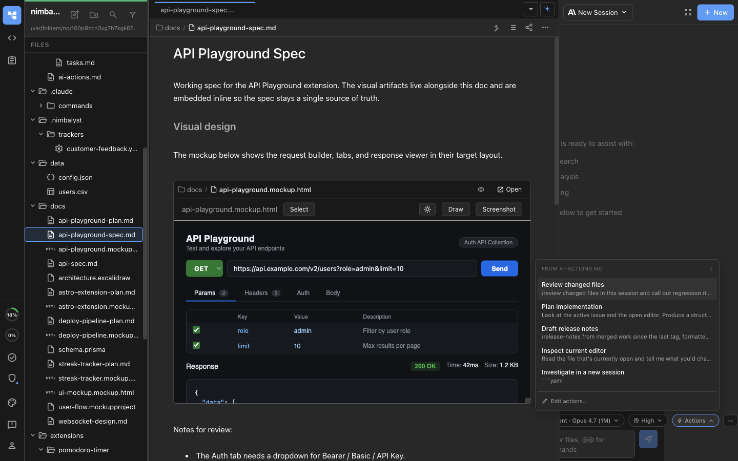 The Actions dropdown open above the AI composer, listing entries like Review changed files, Plan implementation, Draft release notes, and an Edit actions... link