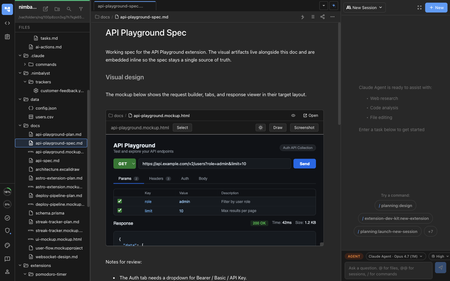 A markdown spec with a mockup and an Excalidraw diagram embedded inline below their @-references