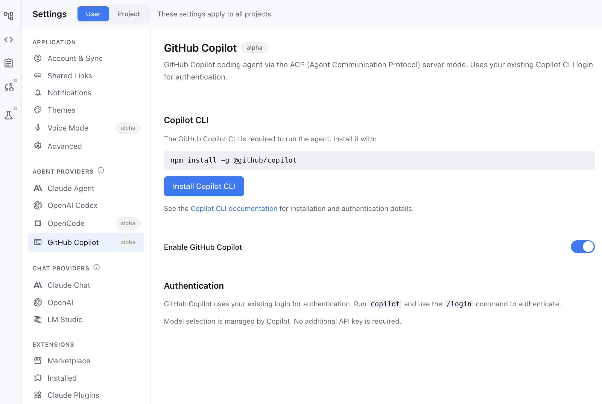 The GitHub Copilot settings panel