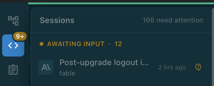 The Agent navigation icon with a 9+ badge next to a Sessions panel showing 166 need attention and an Awaiting Input group