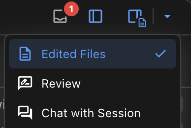 The agent window right panel dropdown, open on three options: Edited Files with a checkmark, Review, and Chat with Session