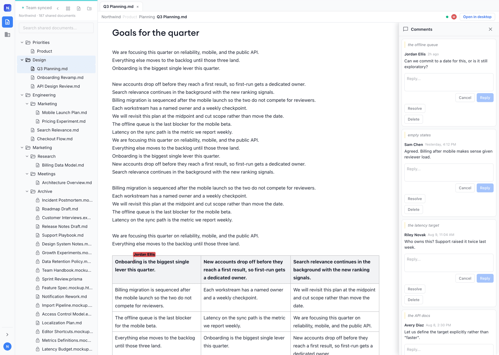 A shared plan open in the browser with the comments panel docked on the right, showing four threads anchored to passages, each with an author, a timestamp, a reply box, and Resolve and Delete actions