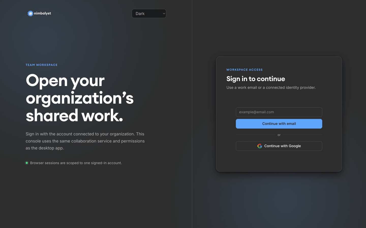 The Nimbalyst Web Console sign-in screen, with a work email field and a Continue with Google button